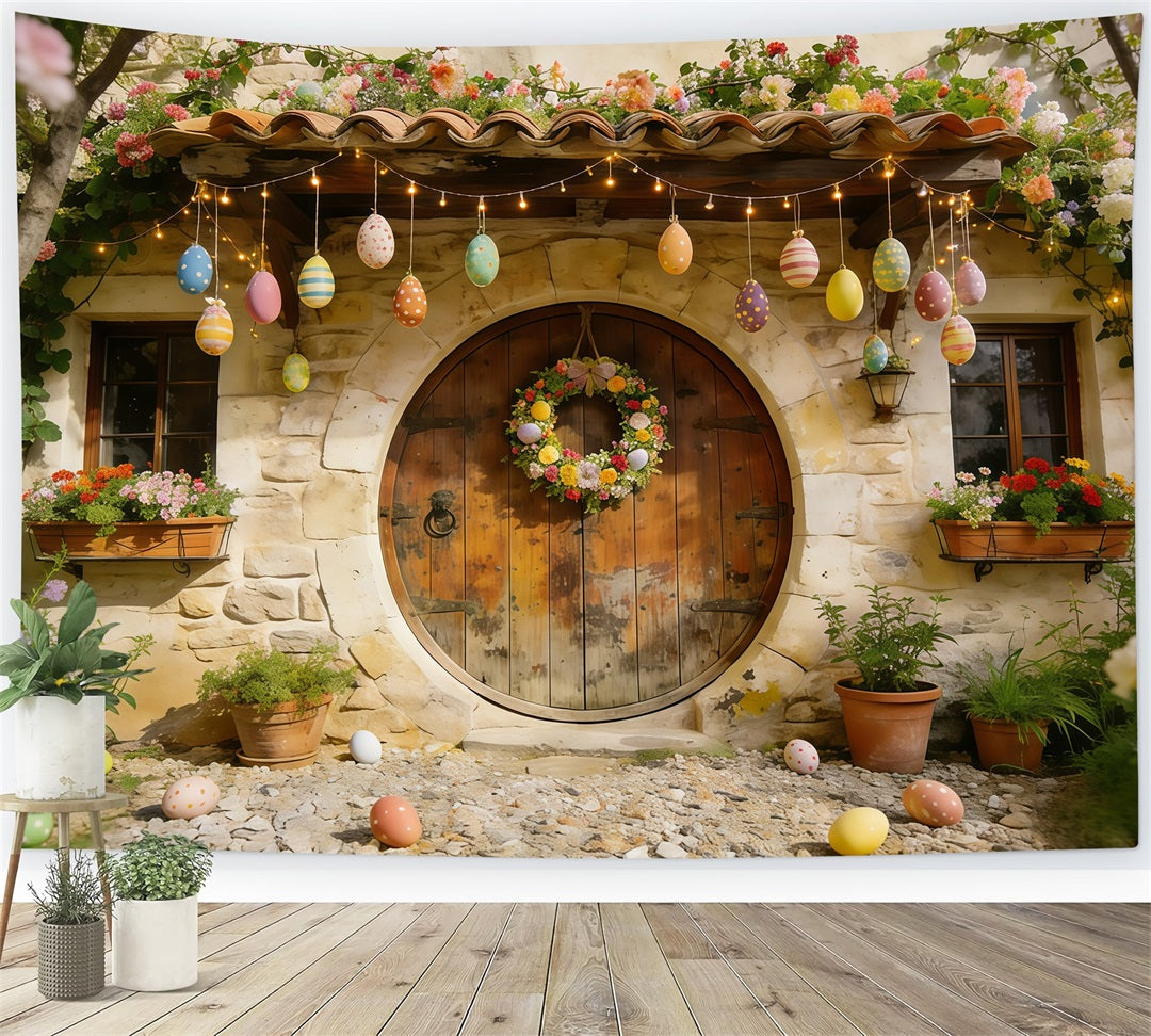 Easter Cottage Garden Backdrop Stone House Eggs Wreath Flowers Simple Easter Backdrop CSH61-88