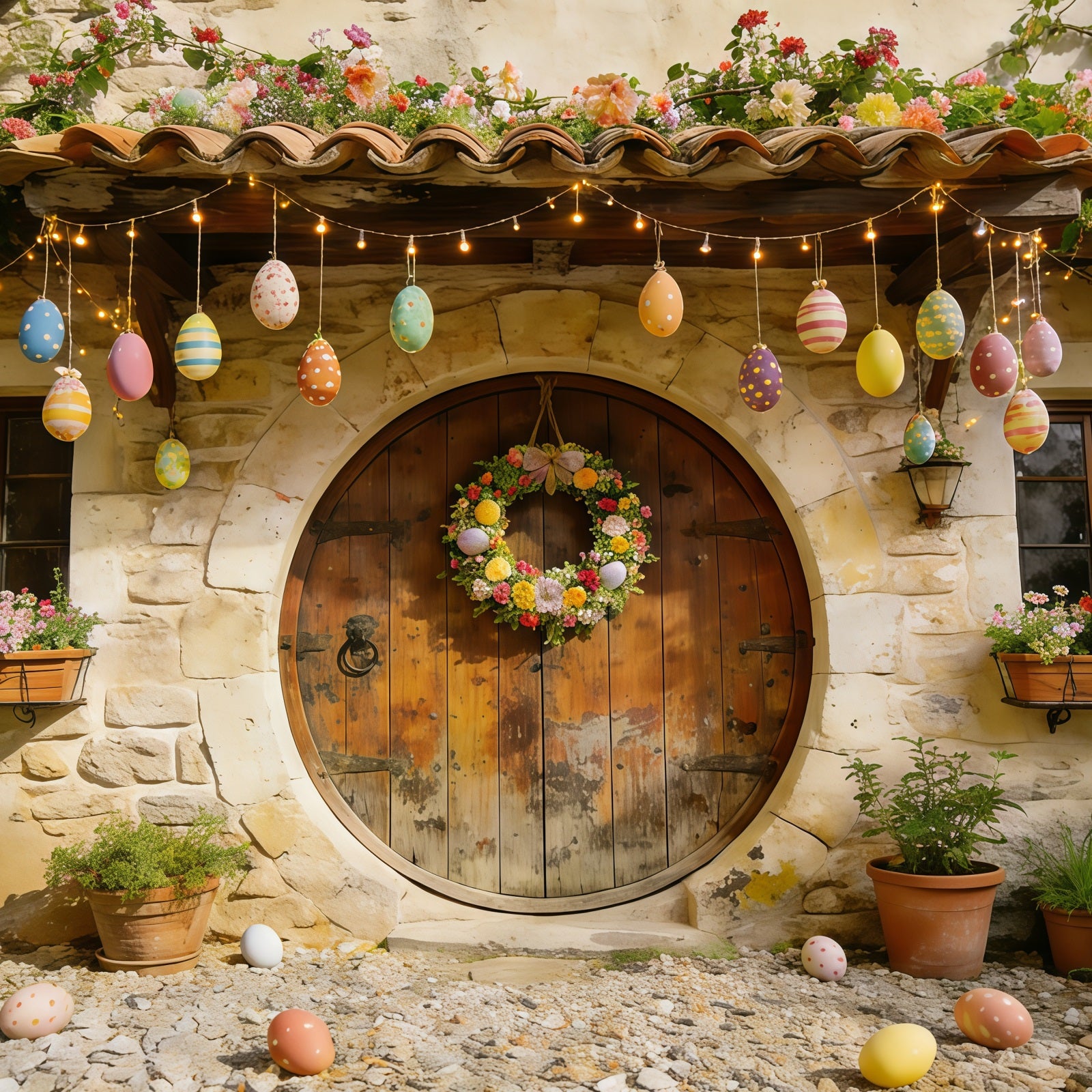 Easter Cottage Garden Backdrop Stone House Eggs Wreath Flowers Simple Easter Backdrop CSH61-88