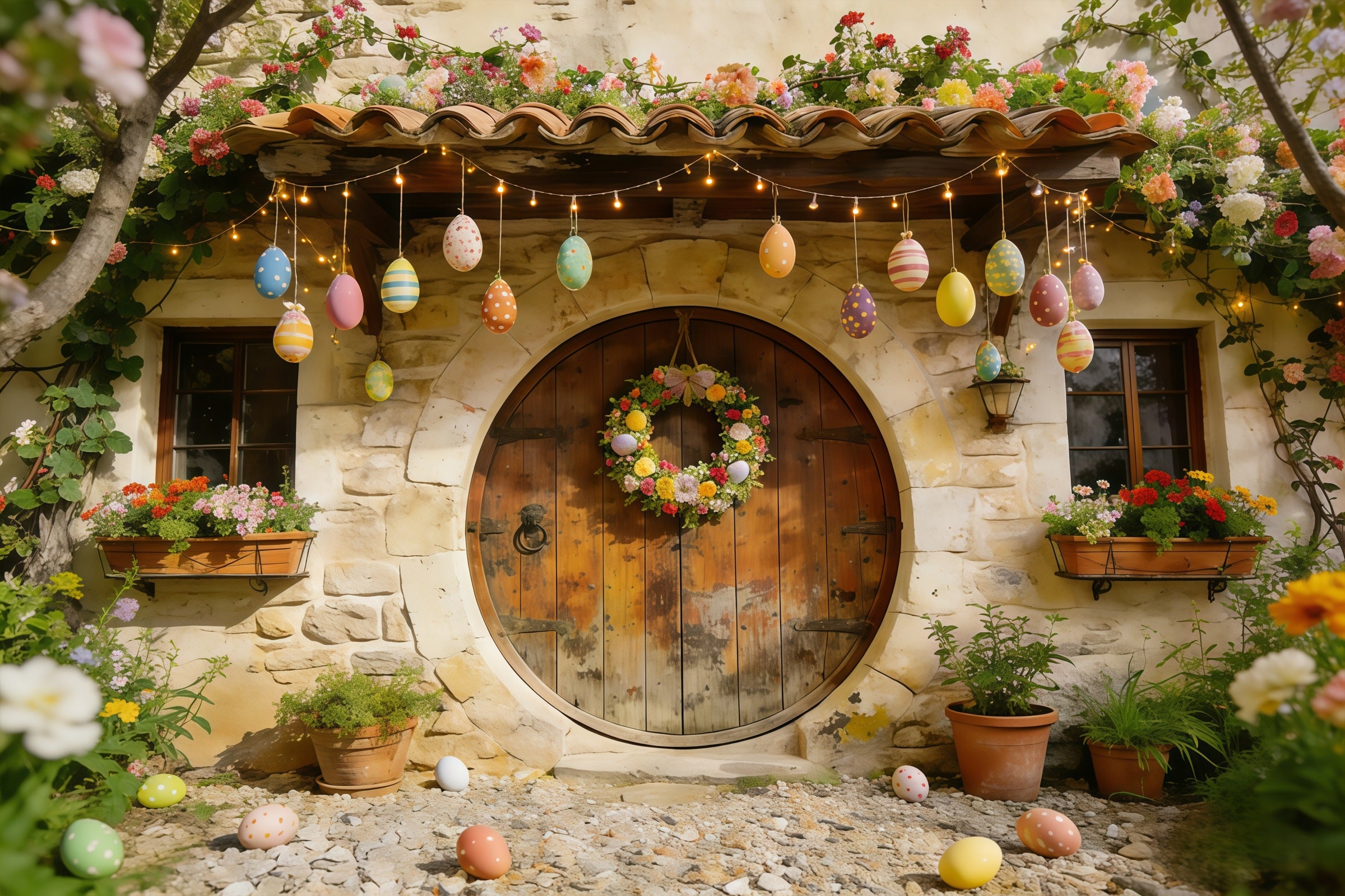 Easter Cottage Garden Backdrop Stone House Eggs Wreath Flowers Simple Easter Backdrop CSH61-88