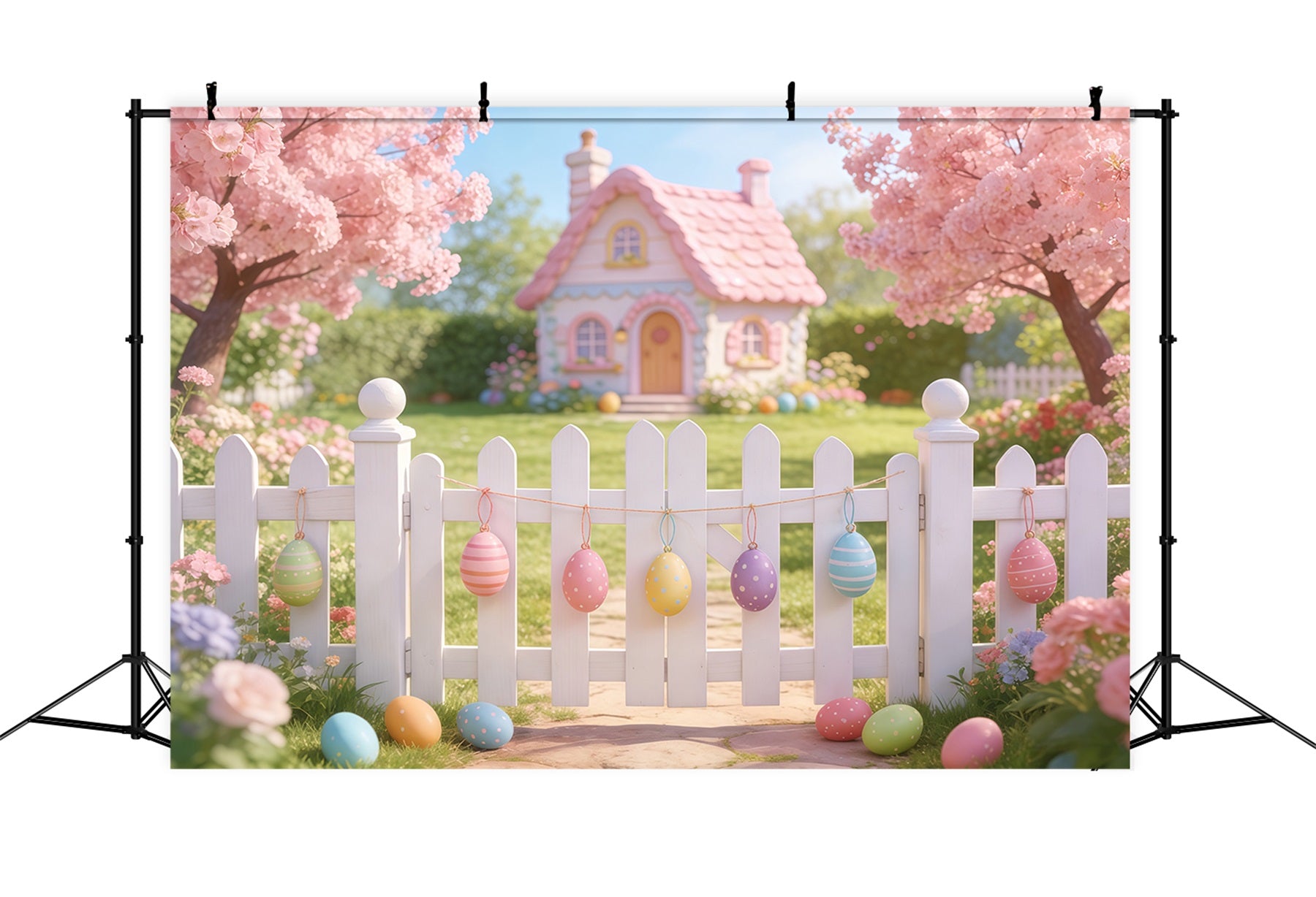 Easter Cottage Garden Backdrop Pink House Fence Blossom Eggs Simple Easter Backdrop CSH61-89