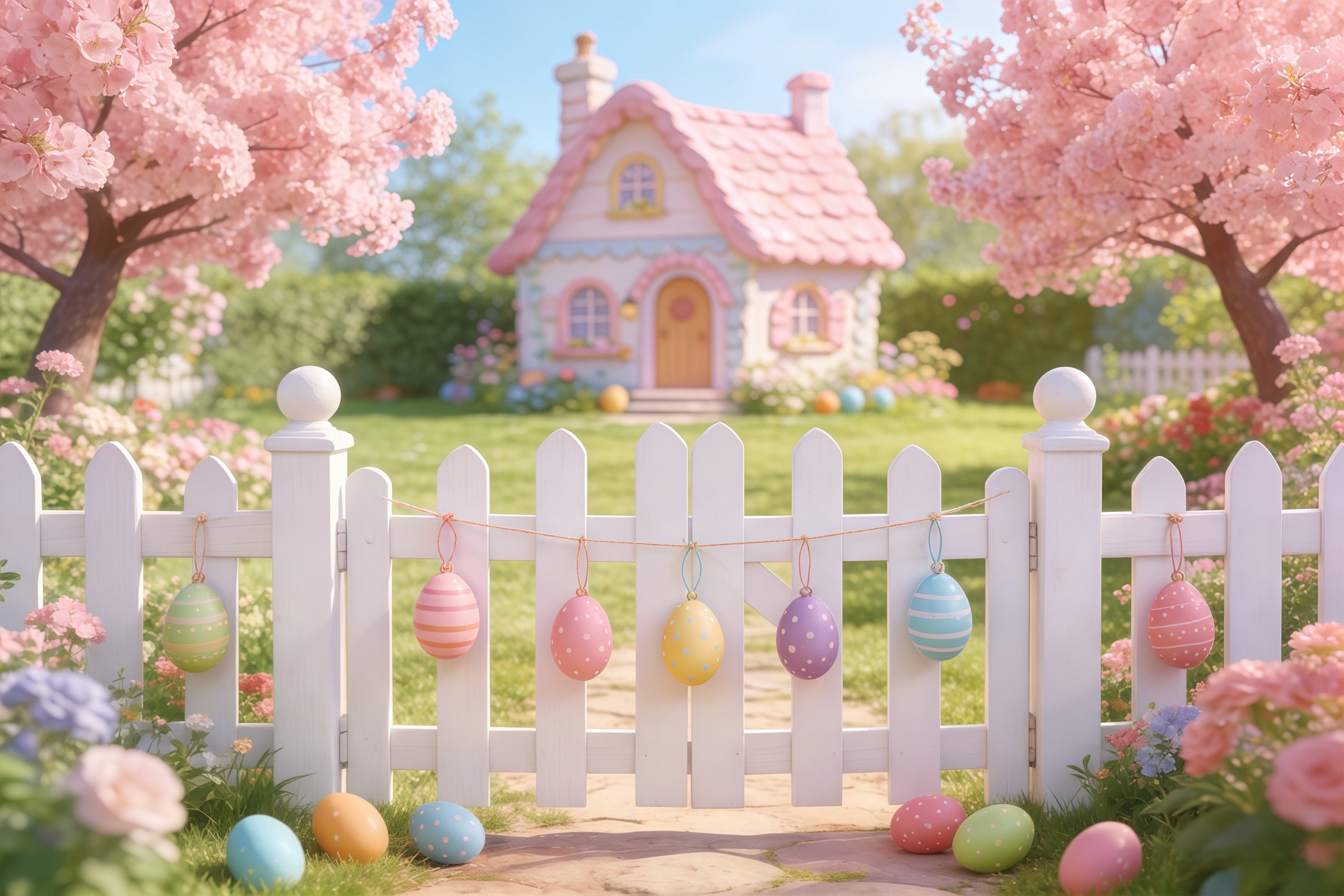 Easter Cottage Garden Backdrop Pink House Fence Blossom Eggs Simple Easter Backdrop CSH61-89