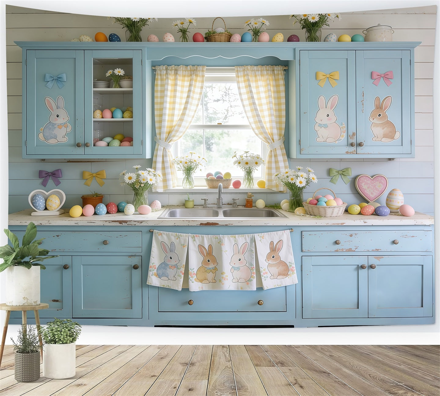 Easter Cute Backdrop Blue Cabinet Bunny Eggs Daisies Photography Backdrops Easter CSH61-90