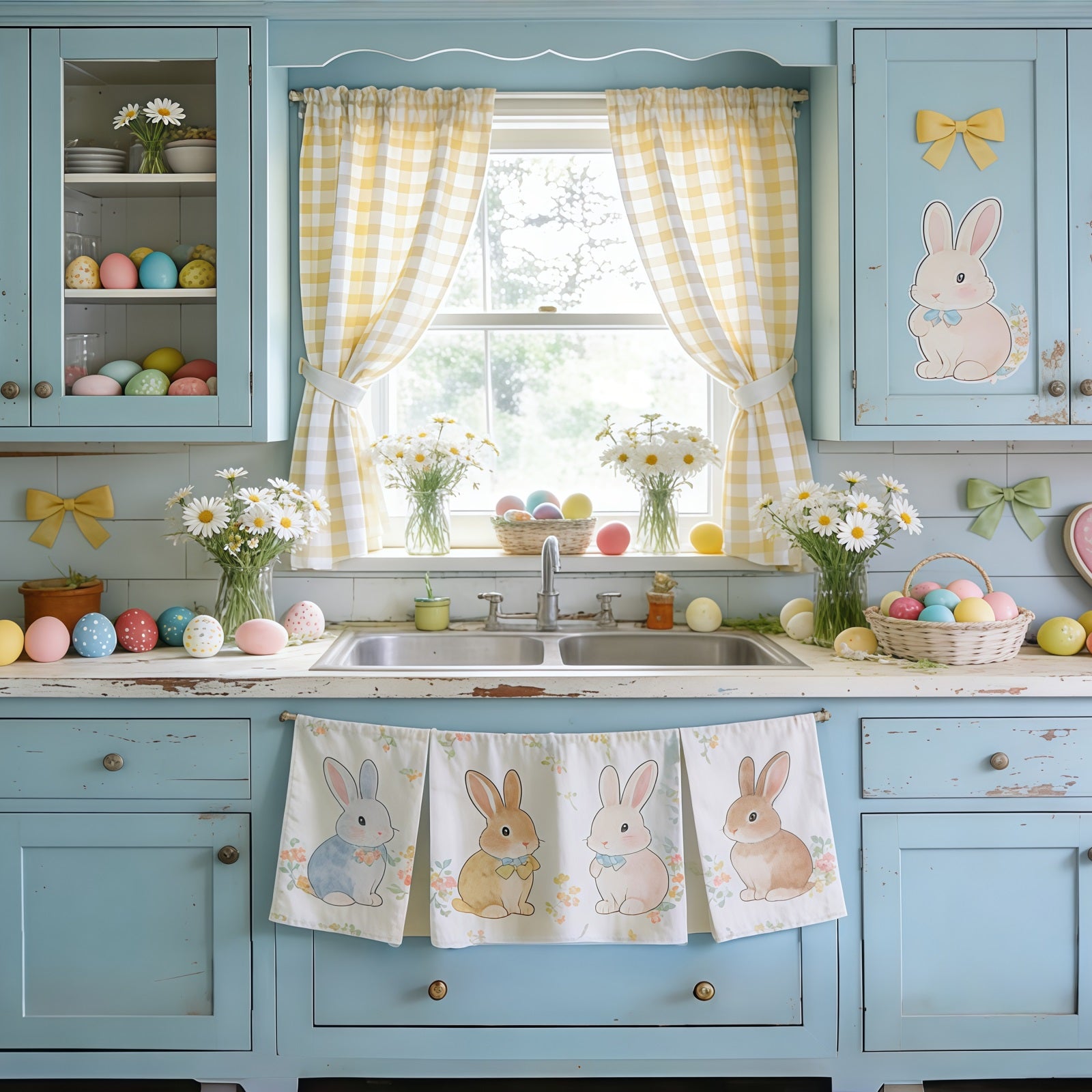 Easter Cute Backdrop Blue Cabinet Bunny Eggs Daisies Photography Backdrops Easter CSH61-90
