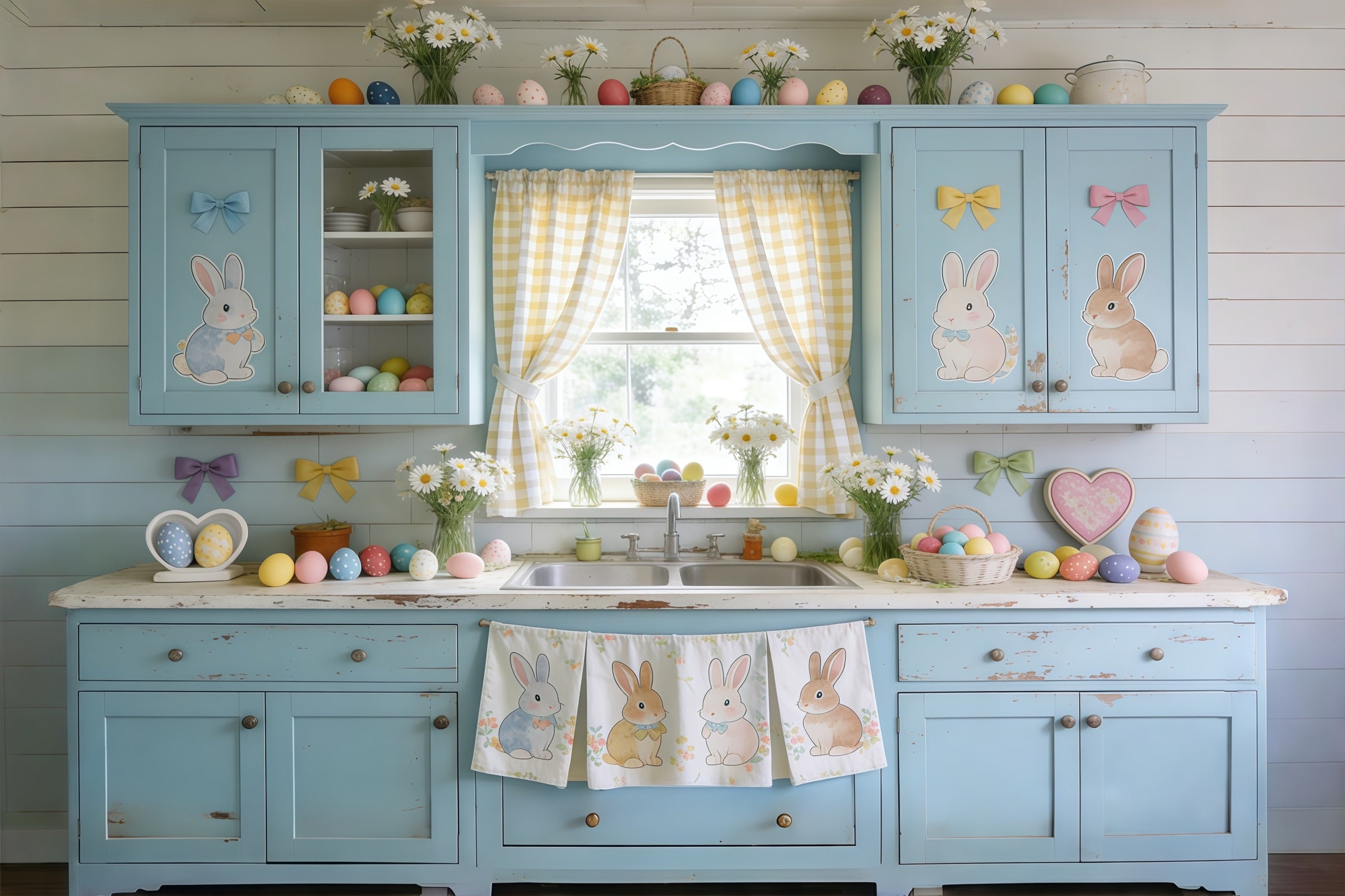 Easter Cute Backdrop Blue Cabinet Bunny Eggs Daisies Photography Backdrops Easter CSH61-90