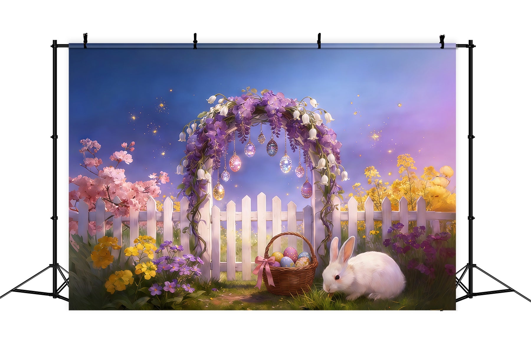 Easter Fairytale Backdrop Flower Arch Fence Eggs Hanging Bunny Easter Party Backdrop CSH61-92