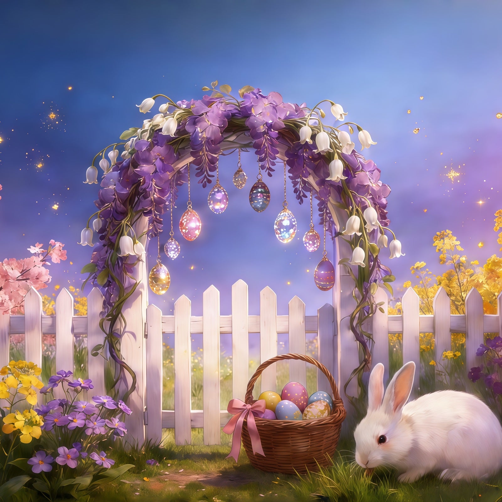 Easter Fairytale Backdrop Flower Arch Fence Eggs Hanging Bunny Easter Party Backdrop CSH61-92