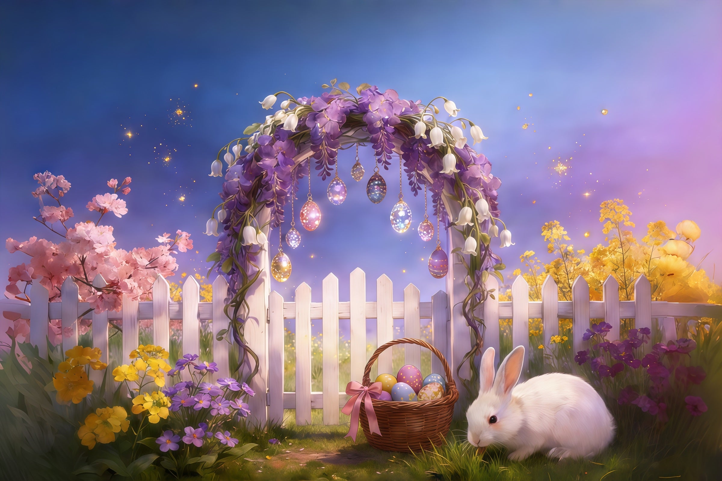 Easter Fairytale Backdrop Flower Arch Fence Eggs Hanging Bunny Easter Party Backdrop CSH61-92