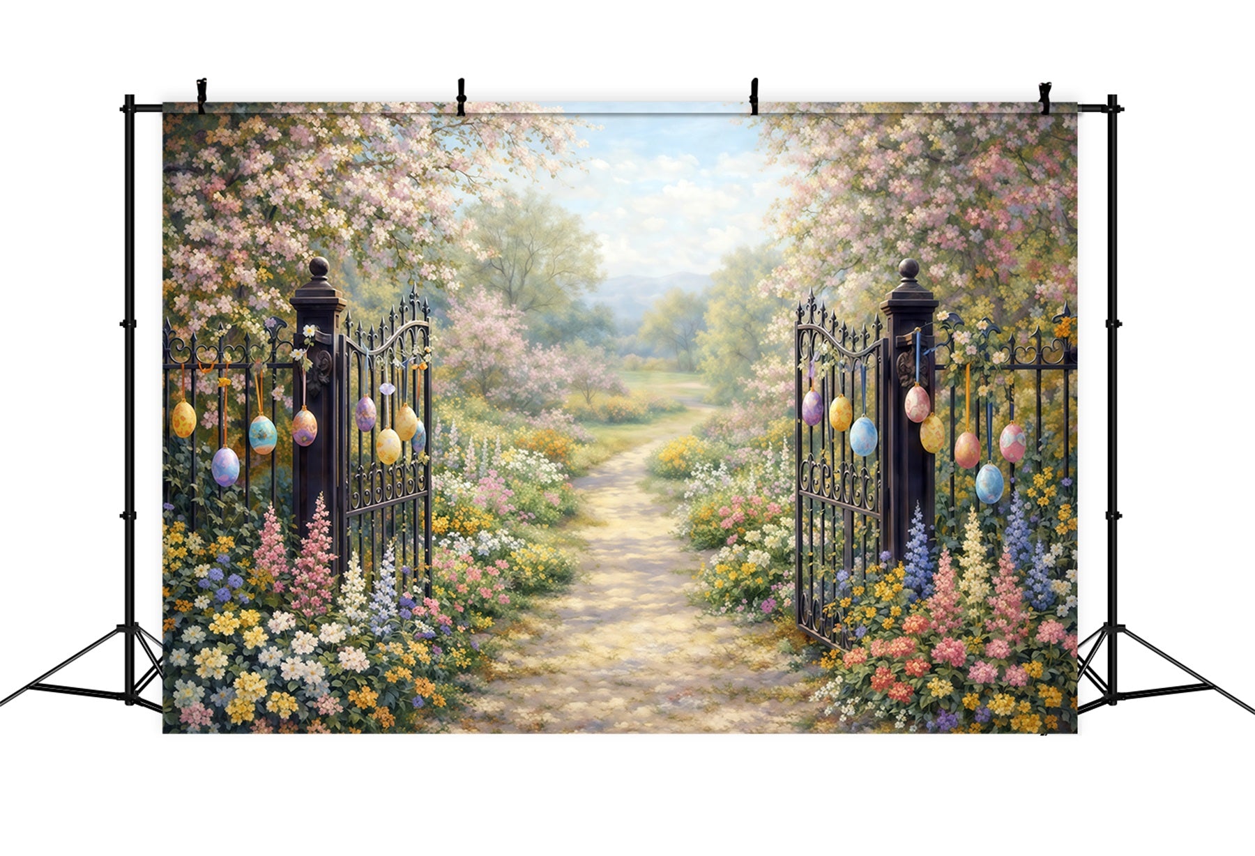 Easter Vintage Floral Backdrop Garden Gate Blossom Path Eggs 10x10 Easter Backdrops CSH61-93