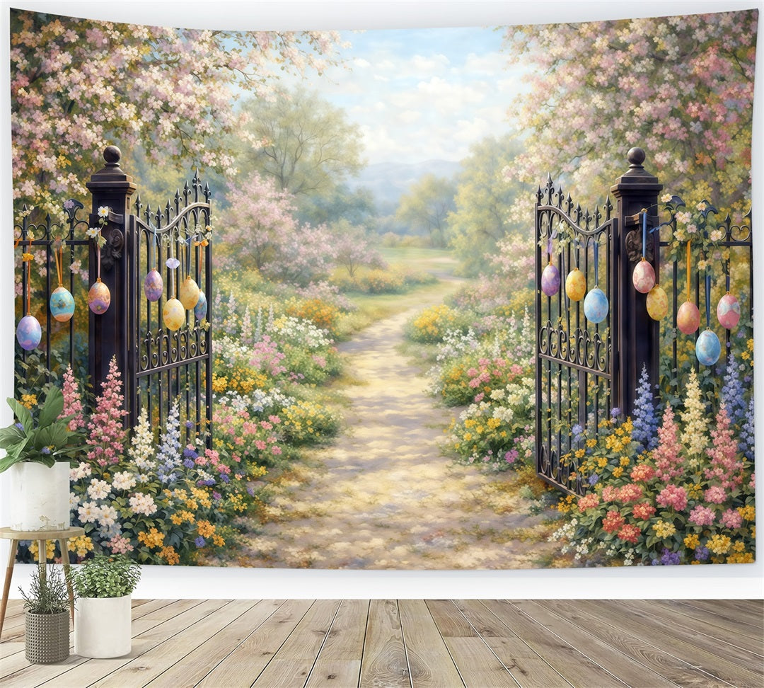 Easter Vintage Floral Backdrop Garden Gate Blossom Path Eggs 10x10 Easter Backdrops CSH61-93