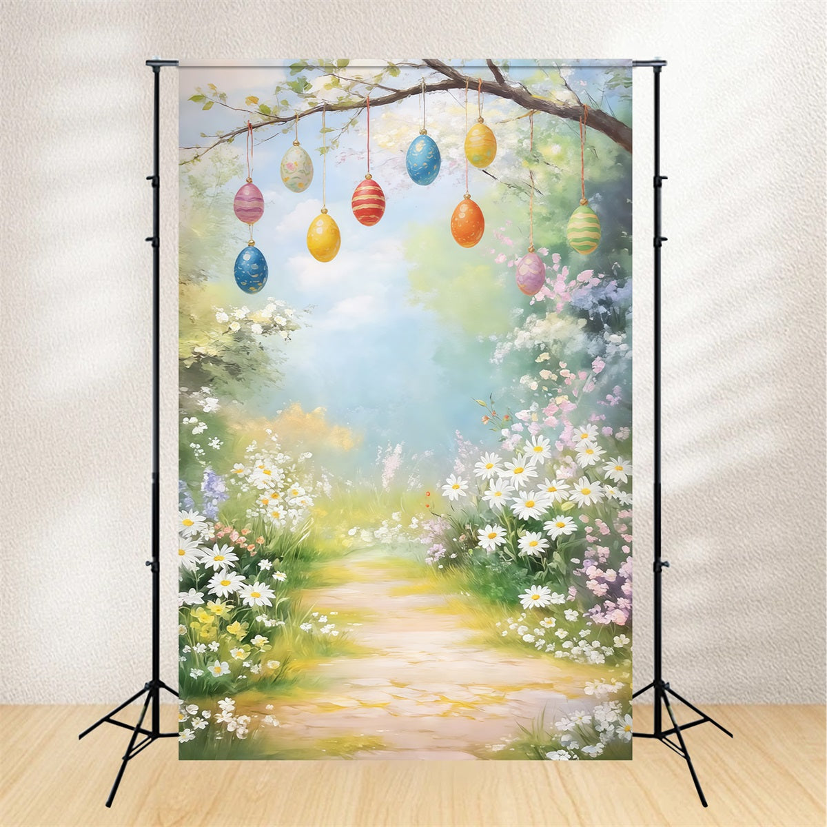 Easter Vintage Floral Backdrop White Blossom Meadow Daisies Egg 10x10 Easter Backdrops CSH61-94