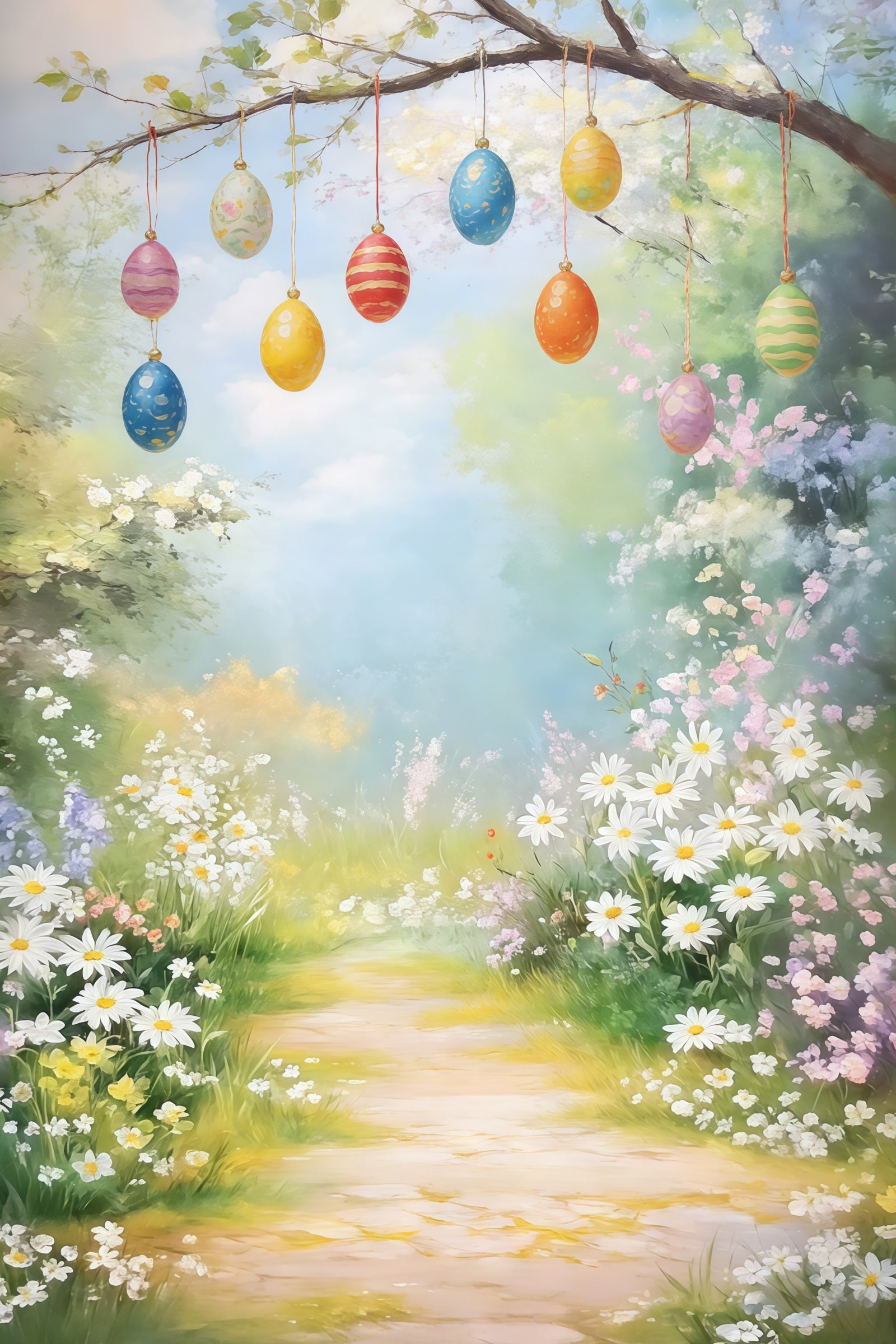 Easter Vintage Floral Backdrop White Blossom Meadow Daisies Egg 10x10 Easter Backdrops CSH61-94