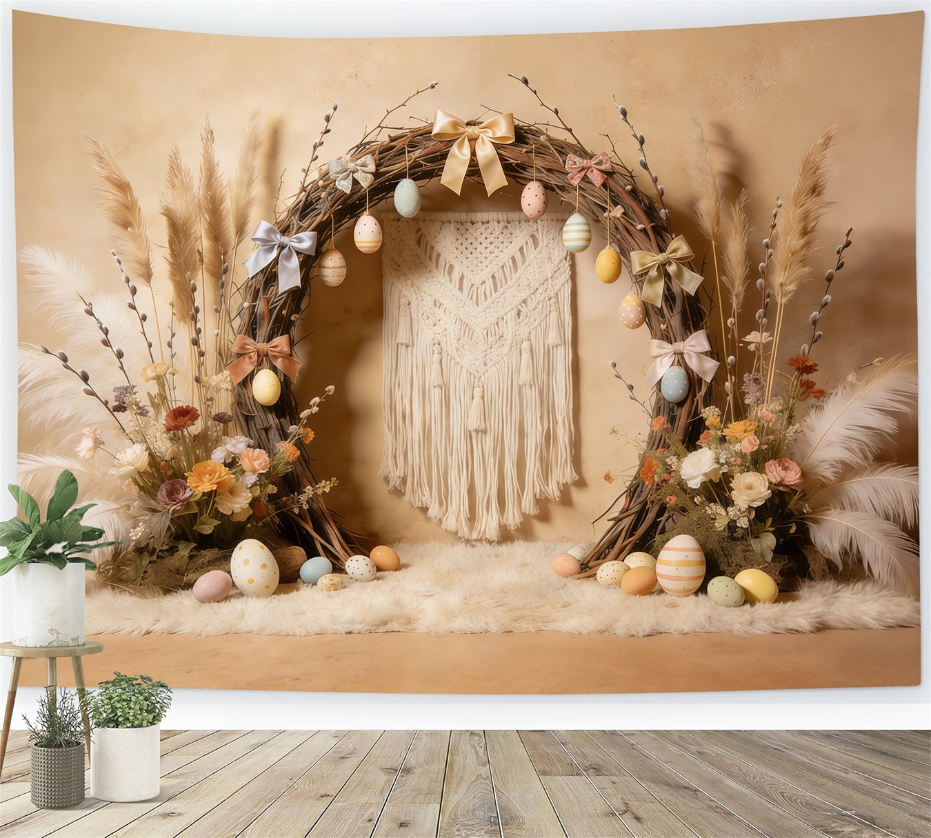 Easter Boho Backdrop Rustic Arch Pastel Eggs Bows 10x10 Easter Backdrops CSH61-95