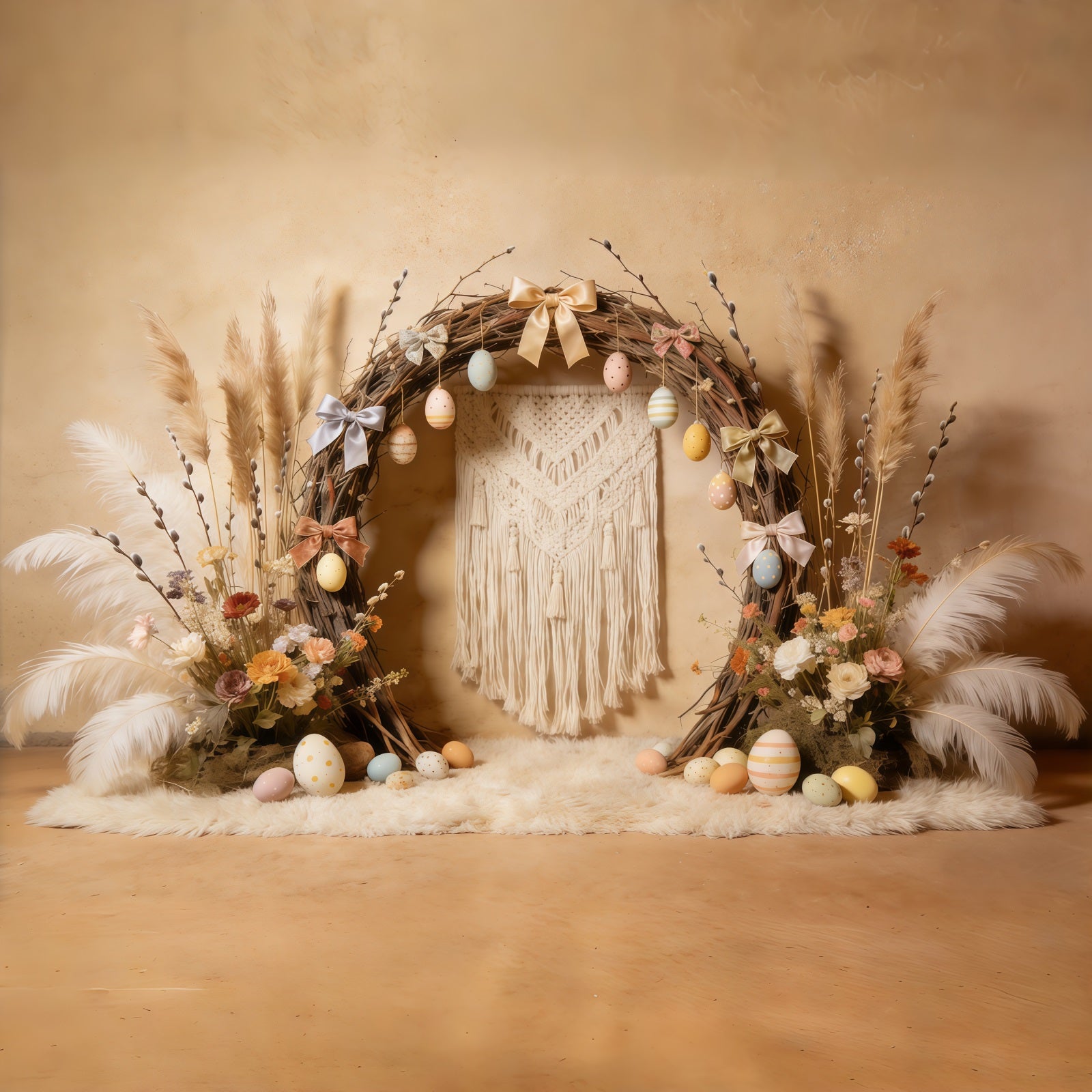 Easter Boho Backdrop Rustic Arch Pastel Eggs Bows 10x10 Easter Backdrops CSH61-95