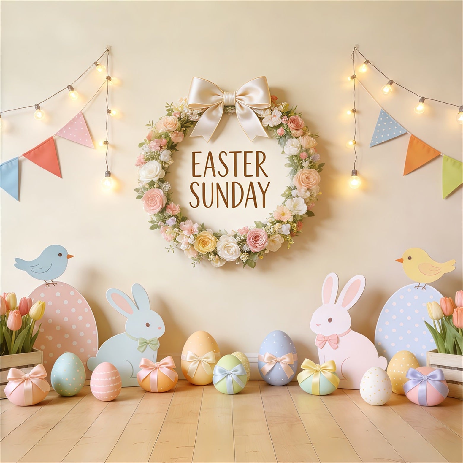 Easter Sunday Backdrop Flower Wreath Bunny Tulip Easter Backdrops Photography CSH62-100
