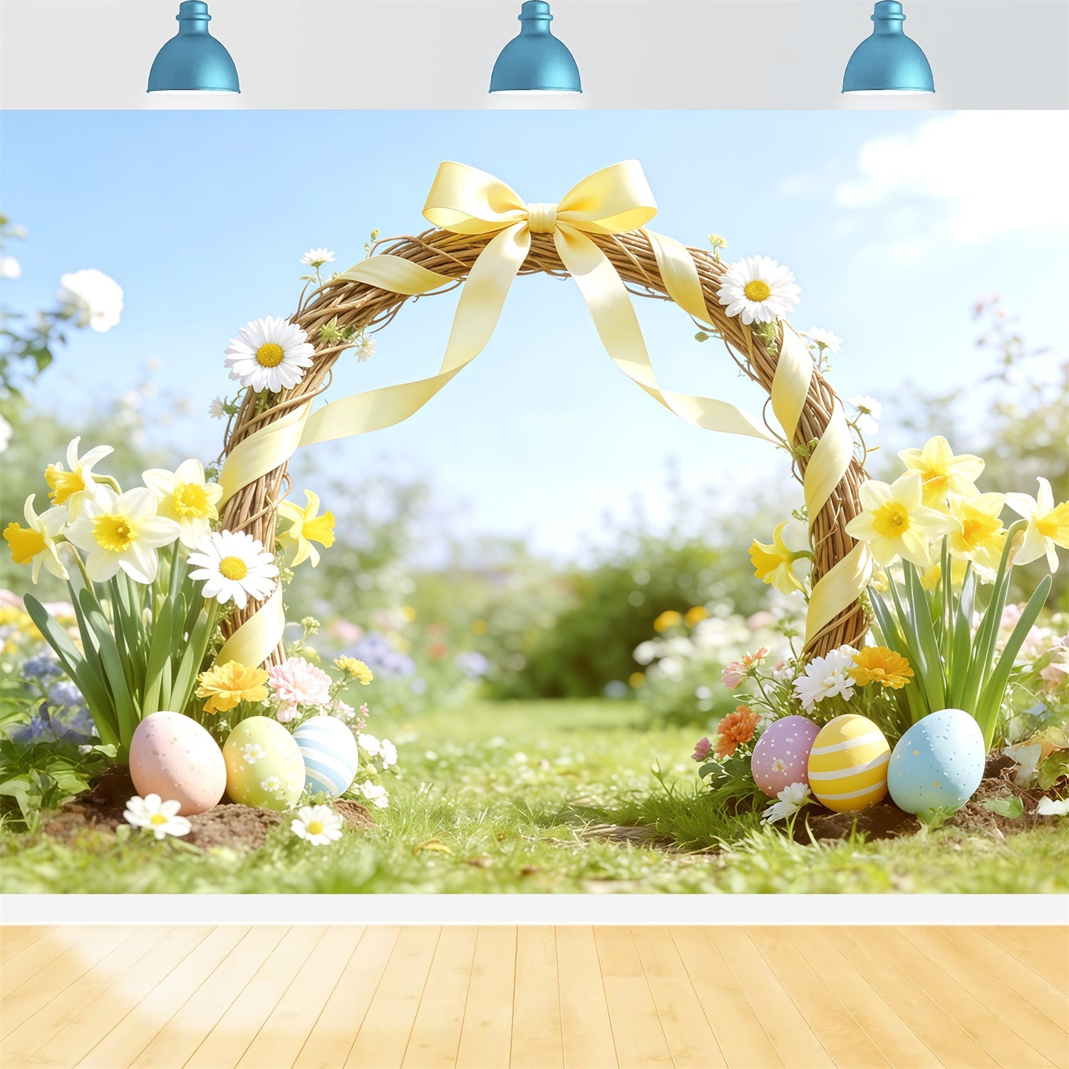 Easter Spring Garden Arch Backdrop Yellow Bow Daffodil,l Arch Happy Easter Photo Backdrop CSH62-101
