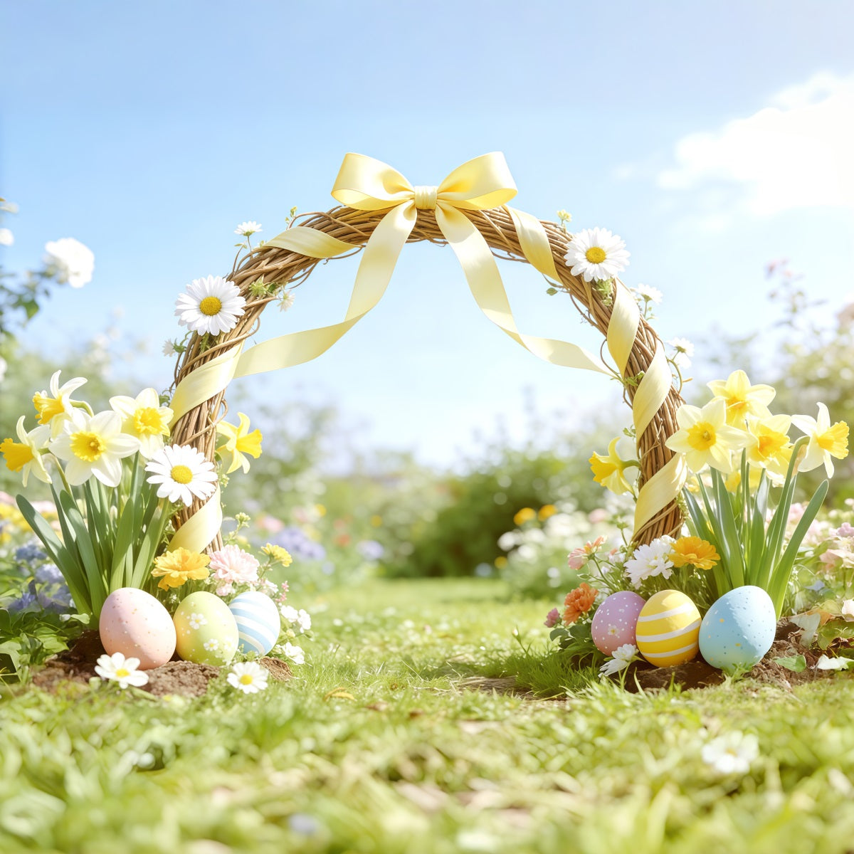 Easter Spring Garden Arch Backdrop Yellow Bow Daffodil,l Arch Happy Easter Photo Backdrop CSH62-101