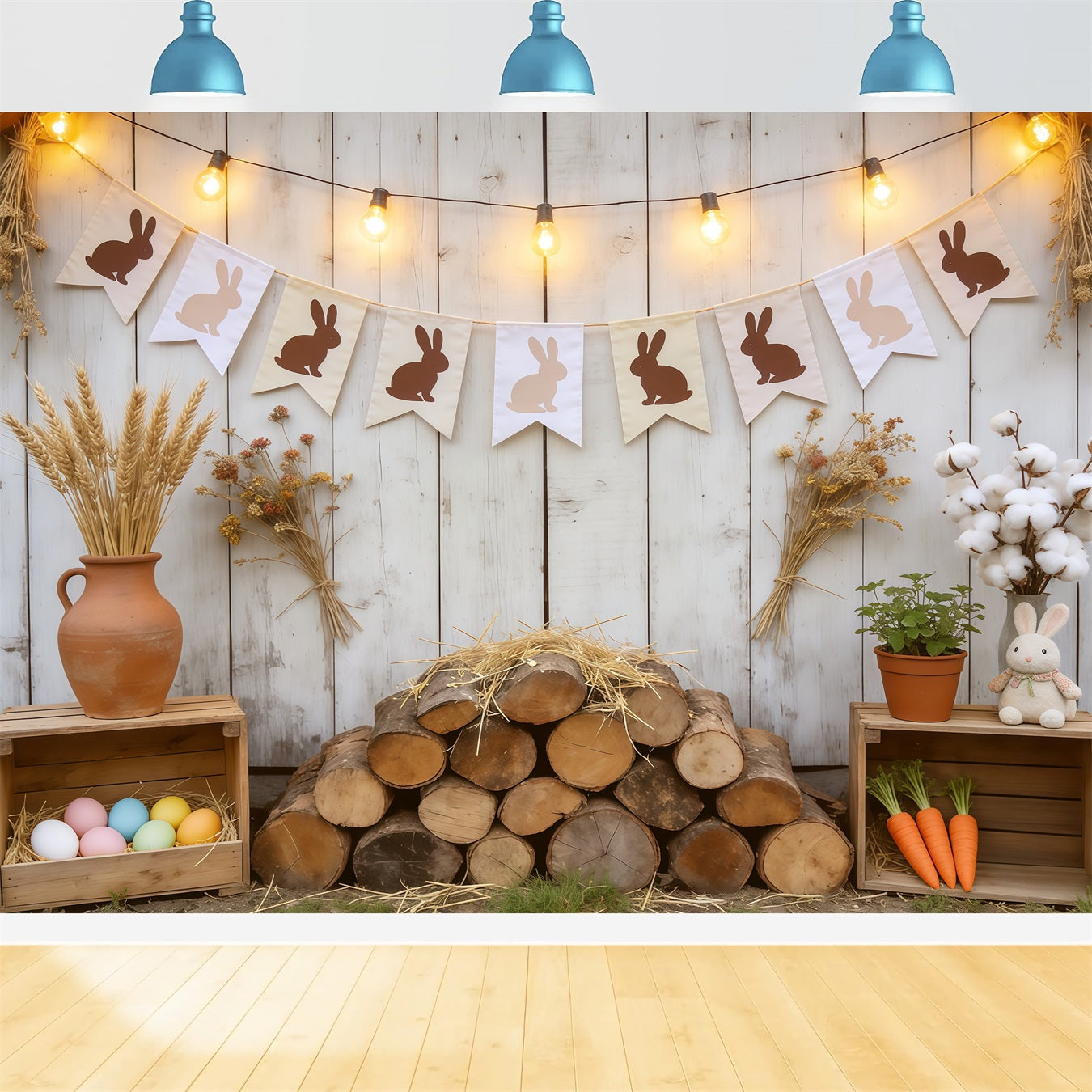 Easter Farm Barn Backdrop Rustic Bunny Banner Eggs Photography Backdrop Easter CSH62-102