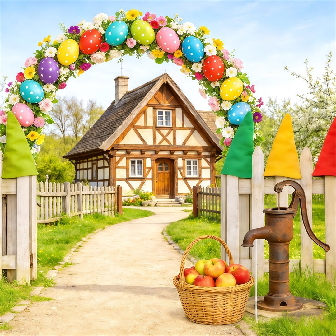 Easter Country Lane Backdrop Egg Arch Gnome Cottage Easter Theme Backdrop CSH62-110