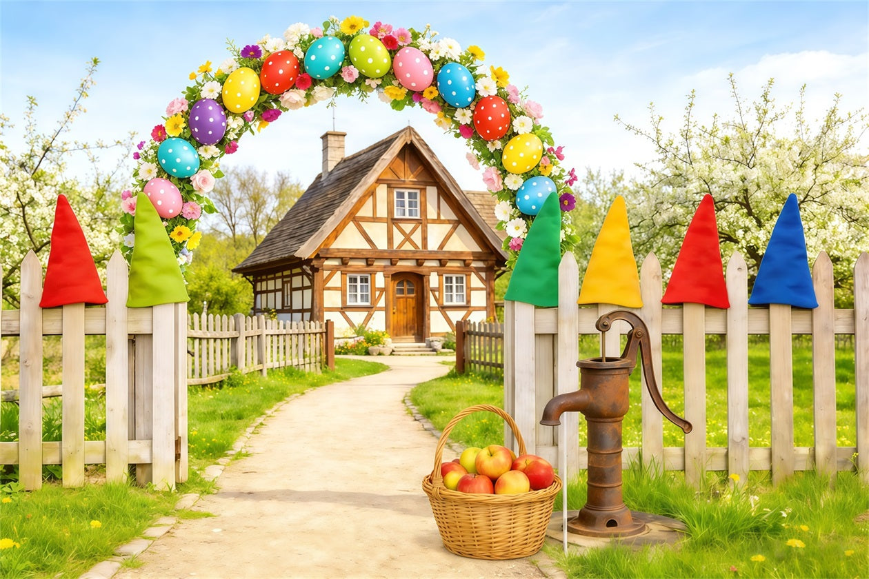 Easter Country Lane Backdrop Egg Arch Gnome Cottage Easter Theme Backdrop CSH62-110