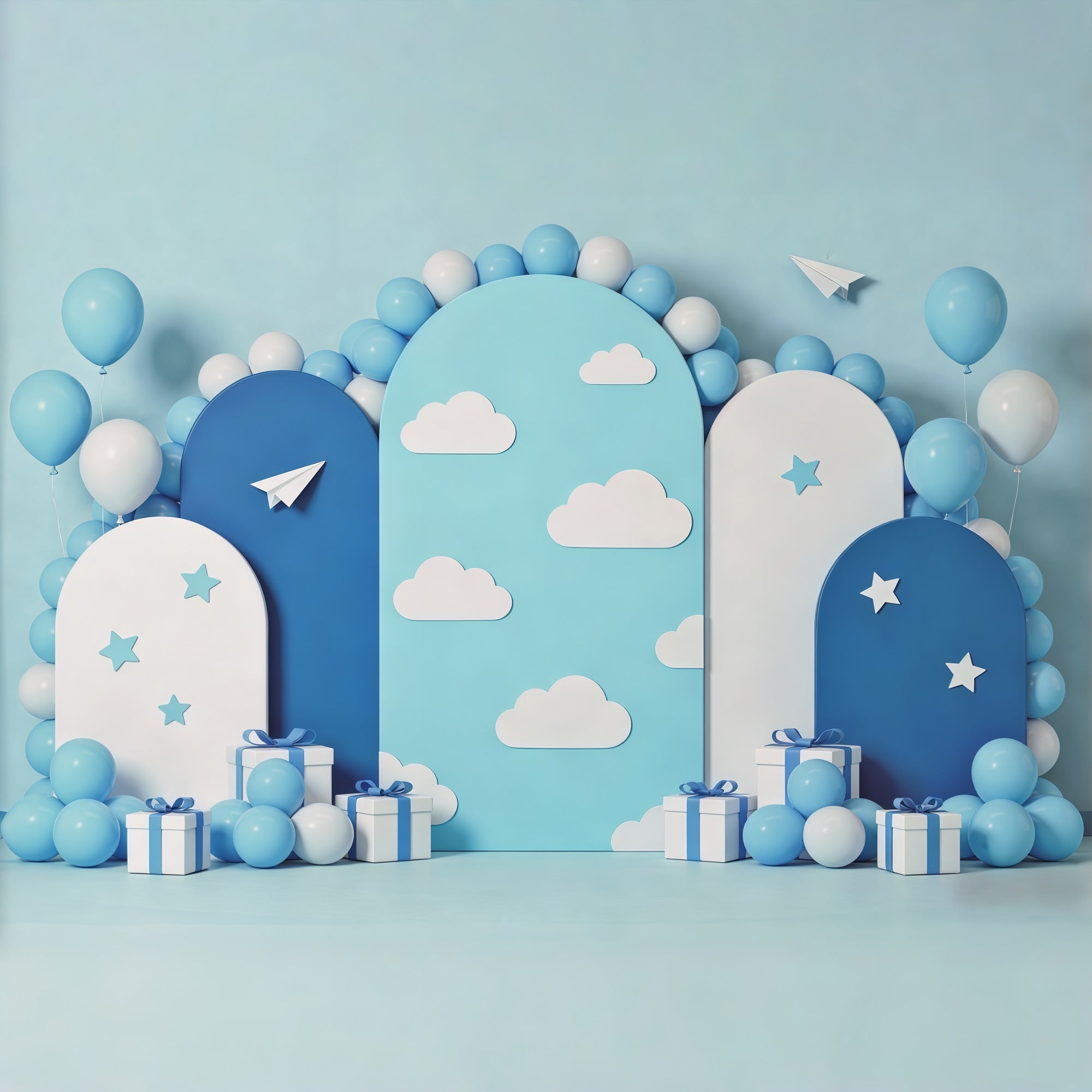 Cloud Backdrop Photoshoot Blue Balloon Arch Paper Planes Children's Backdrop CSH62-119
