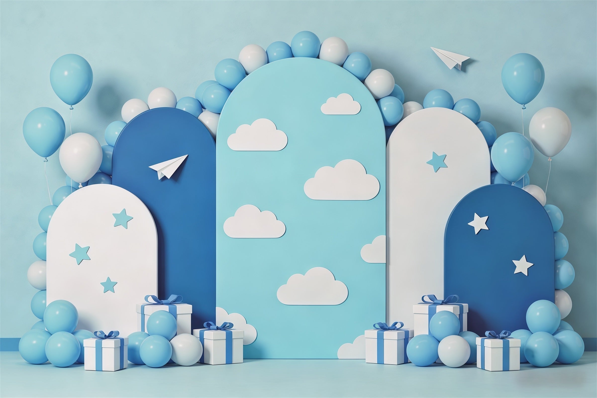 Cloud Backdrop Photoshoot Blue Balloon Arch Paper Planes Children's Backdrop CSH62-119