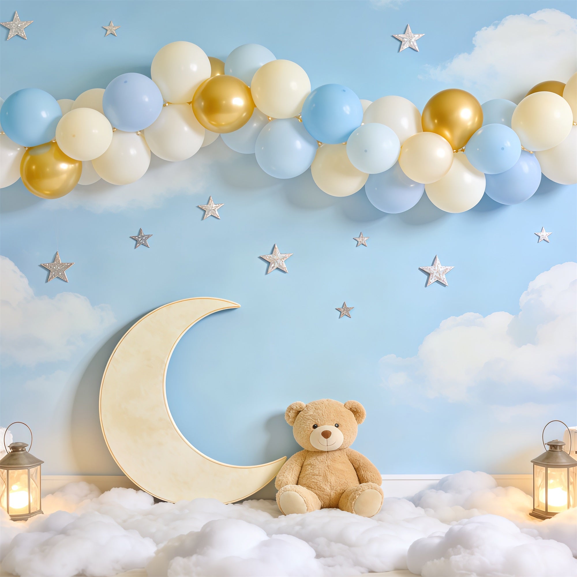 Sky Clouds Backdrop Moon Teddy Bear Balloon Arch Newborn Backdrop CSH62-140