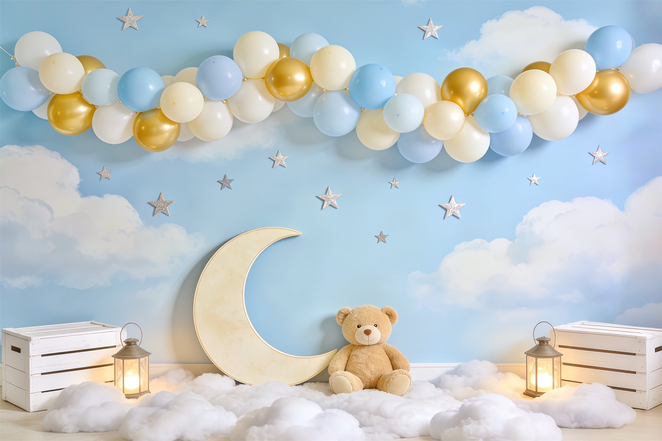 Sky Clouds Backdrop Moon Teddy Bear Balloon Arch Newborn Backdrop CSH62-140