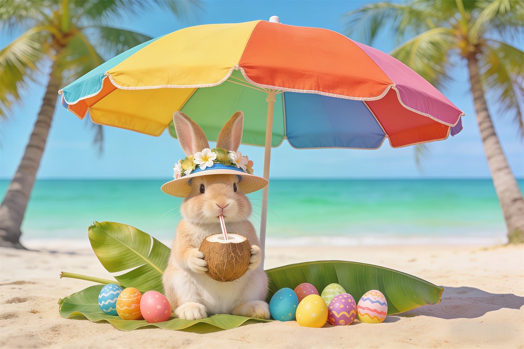 Rabbit Backdrop Bunny Beach Coconut Eggs Easter Backdrop Pictures CSH62-61