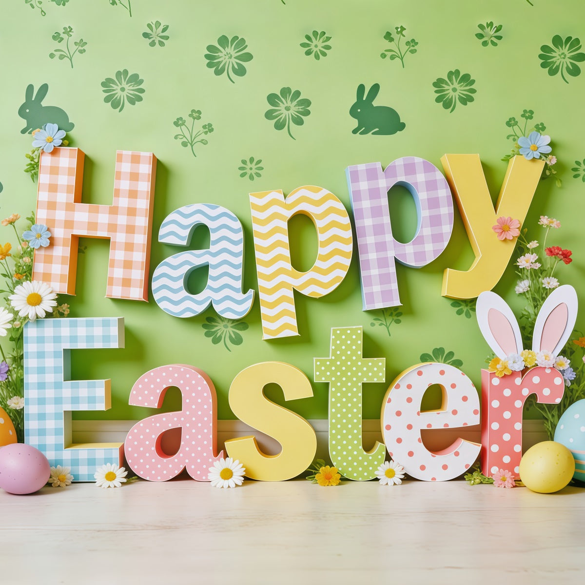 Happy Easter Backdrop Colorful Letters Bunny Eggs Photo Booth Easter Backdrop Ideas CSH62-65