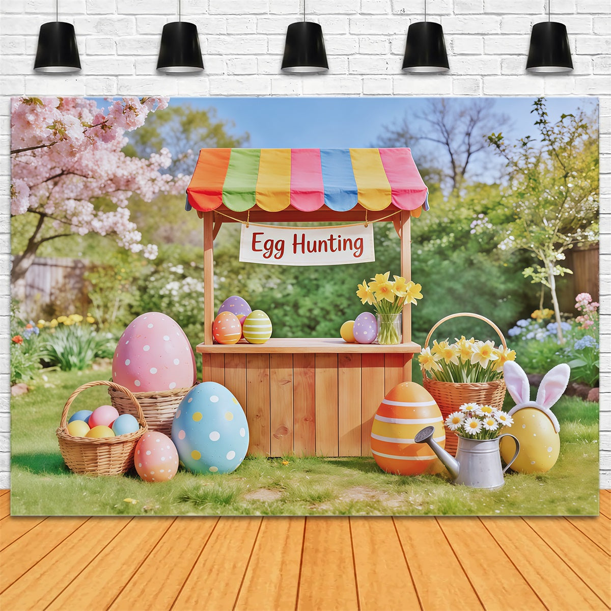 Egg Hunt Backdrop Wooden Cart Cherry Blossom Backdrop Ideas For Easter CSH62-67