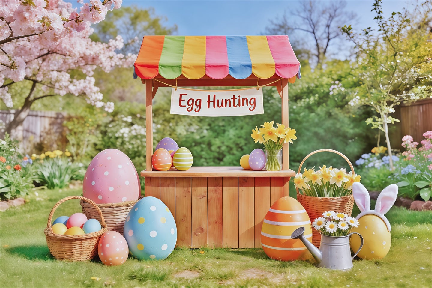 Egg Hunt Backdrop Wooden Cart Cherry Blossom Backdrop Ideas For Easter CSH62-67