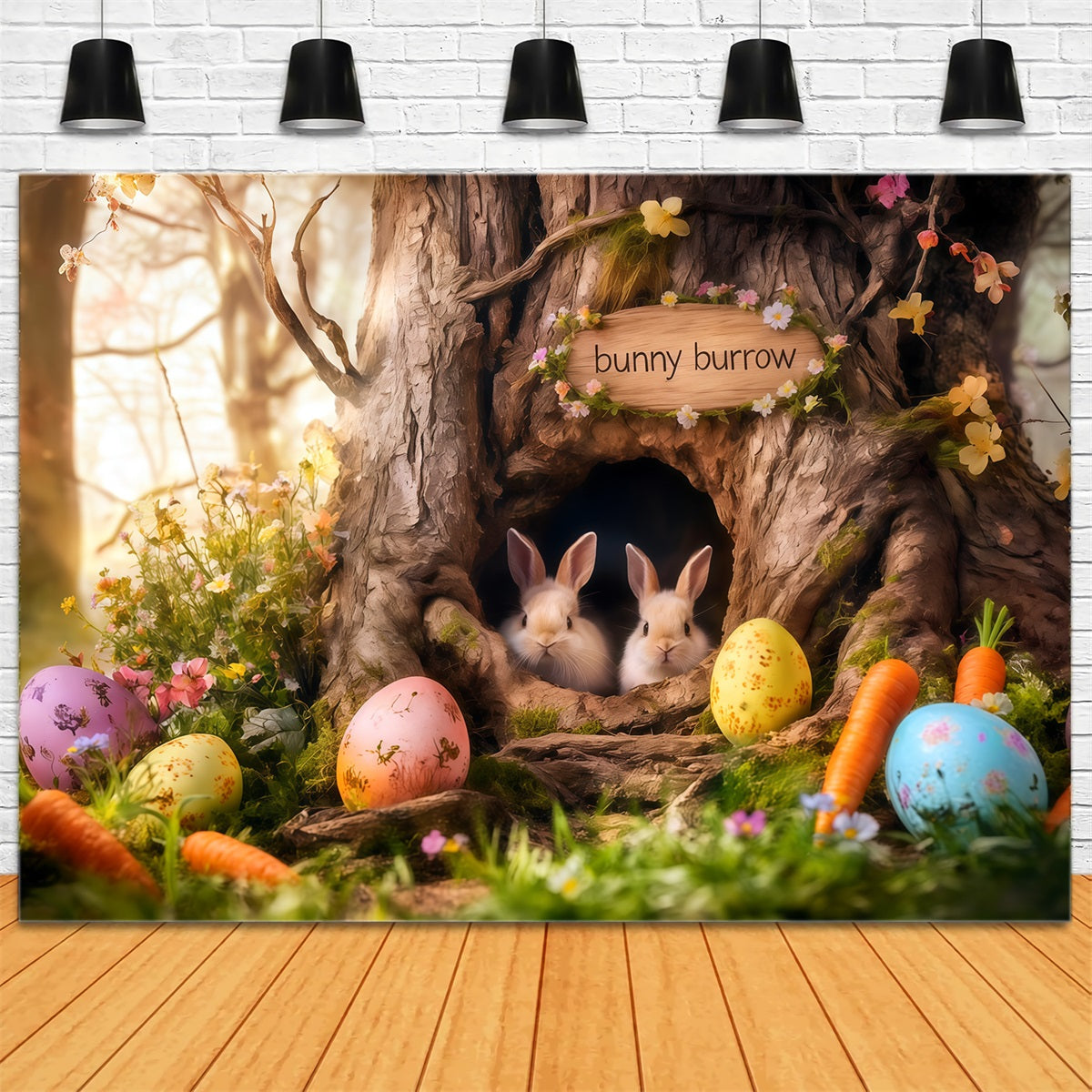 Bunny Burrow Backdrop Tree Hole Carrot Eggs Easter Photo Booth Backdrop Ideas CSH62-69