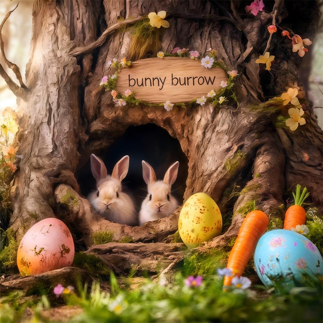 Bunny Burrow Backdrop Tree Hole Carrot Eggs Easter Photo Booth Backdrop Ideas CSH62-69
