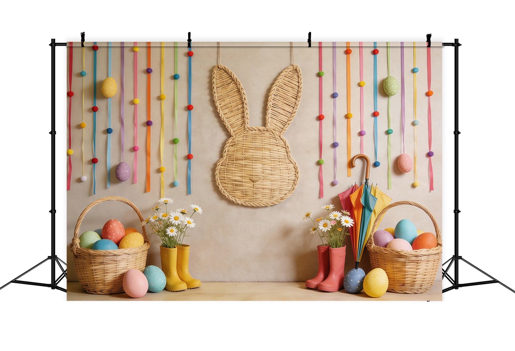 Easter Basket Backdrop Wicker Bunny Egg Daisy Photo Backdrop For Easter CSH62-71