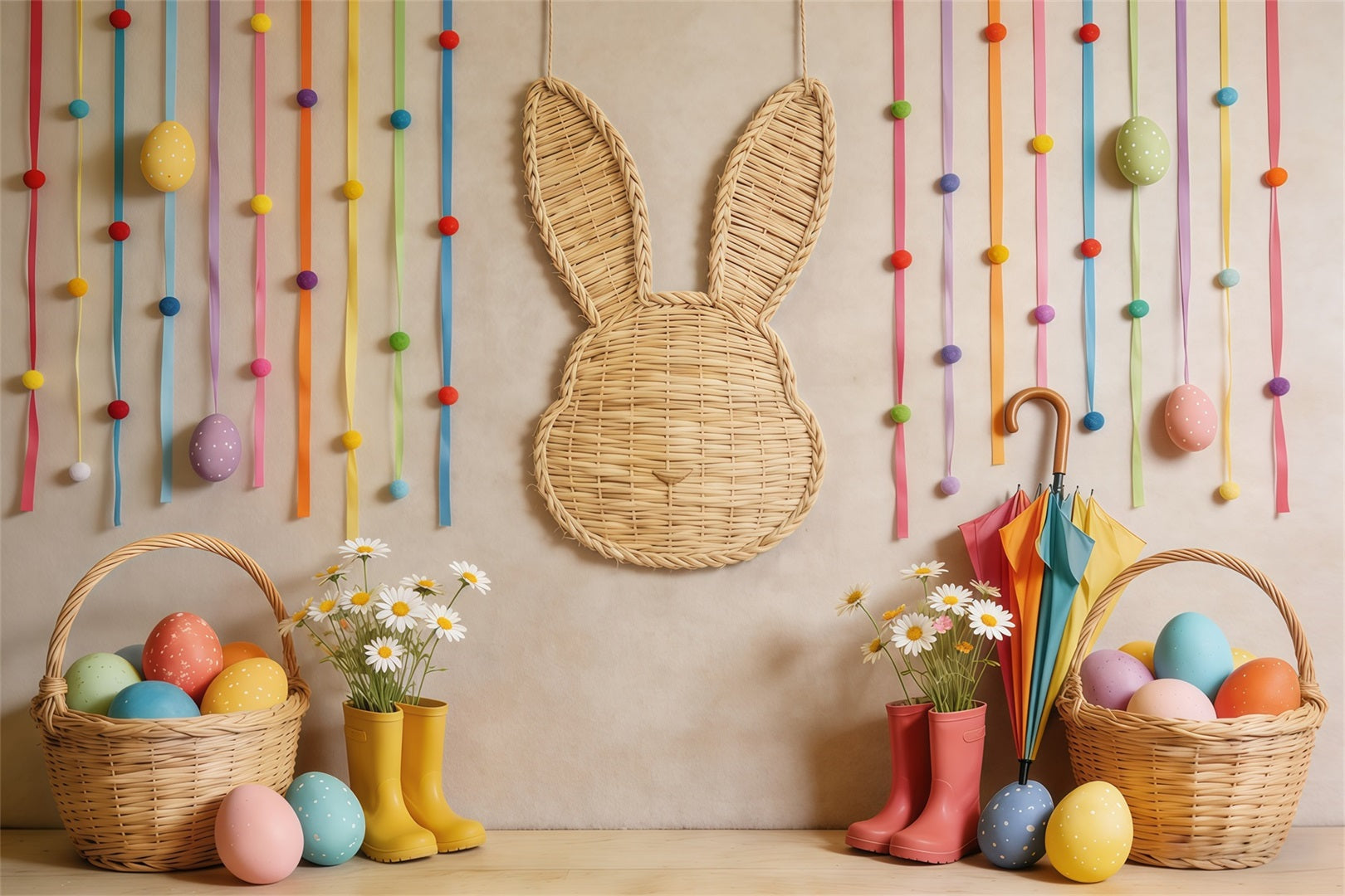 Easter Basket Backdrop Wicker Bunny Egg Daisy Photo Backdrop For Easter CSH62-71