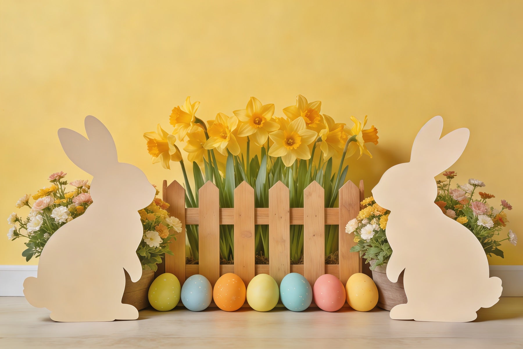 Easter Bunny Silhouette Backdrop Daffodil,l Eggs Wooden Fence Photography Easter Backdrop Ideas CSH62-73