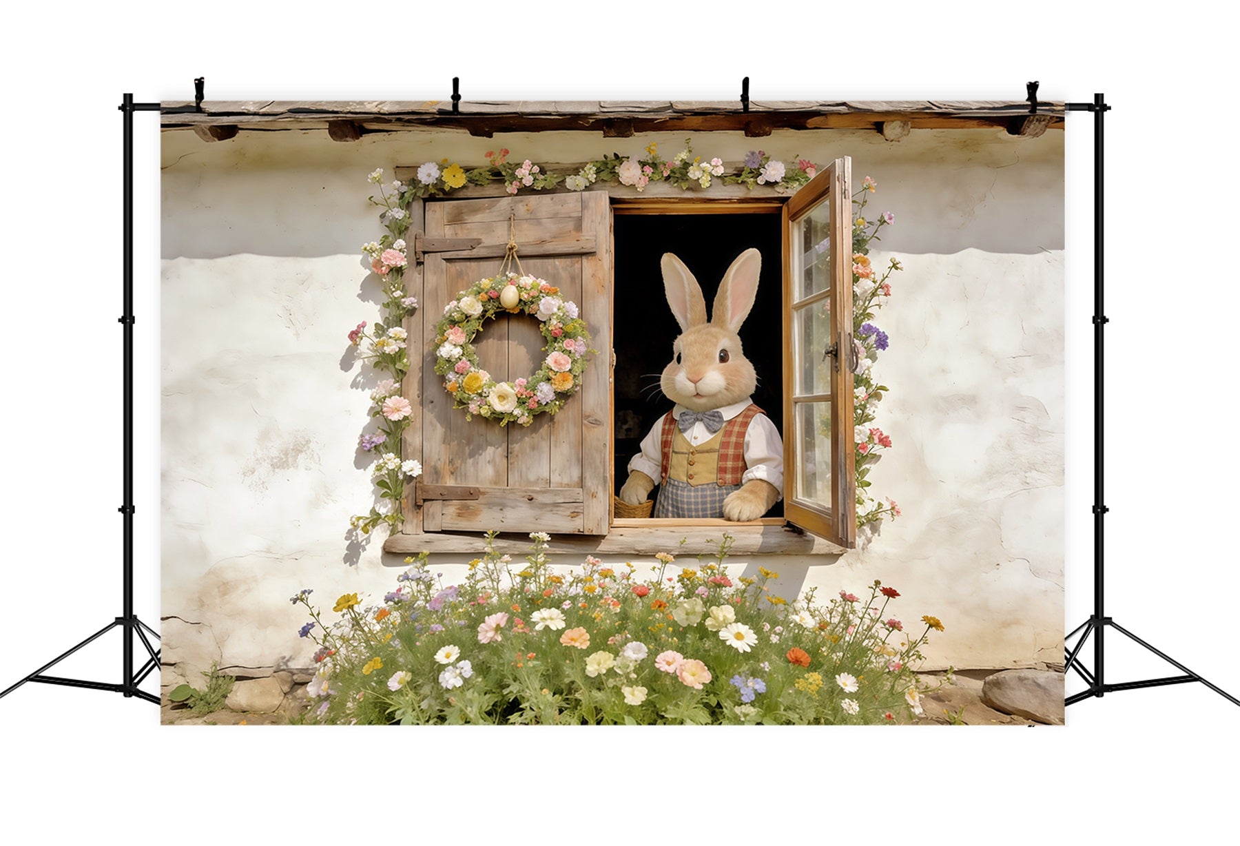 Easter Rabbit Backdrop Bunny Window Floral Wreath Easter Play Backdrops CSH62-74