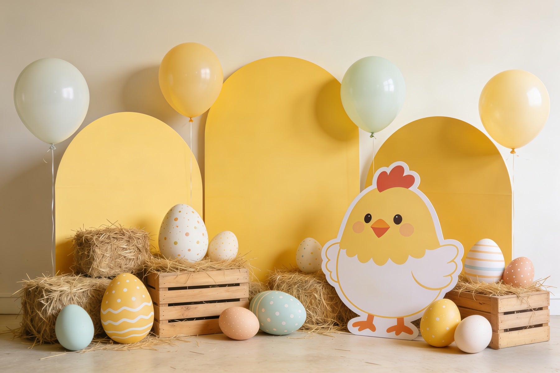 Easter Baby Chick Backdrop Hay Eggs Balloon Decor Large Easter Backdrop CSH62-75
