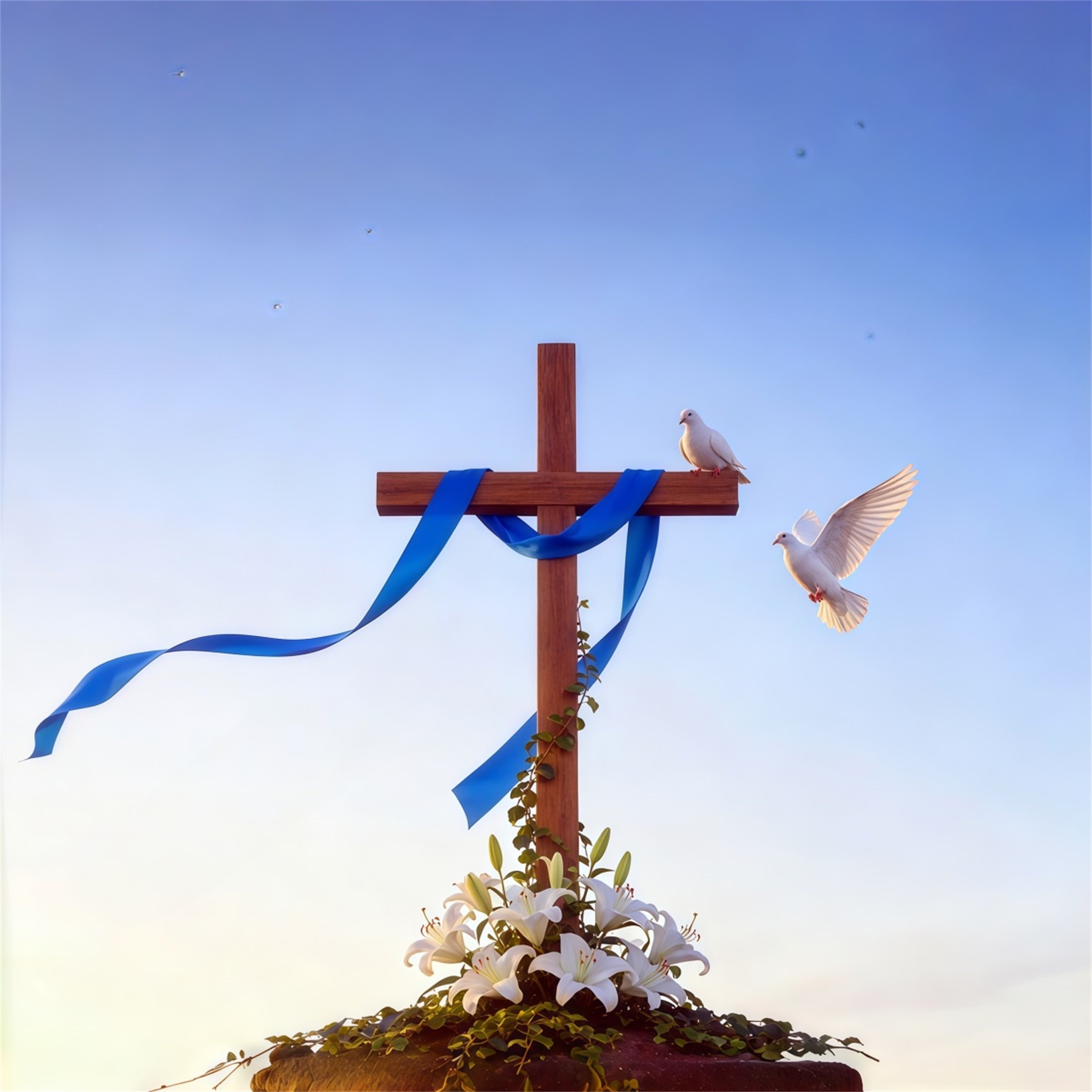 Easter Cross Backdrop Lily Doves Blue Ribbon Simple Easter Photo Backdrop CSH62-82