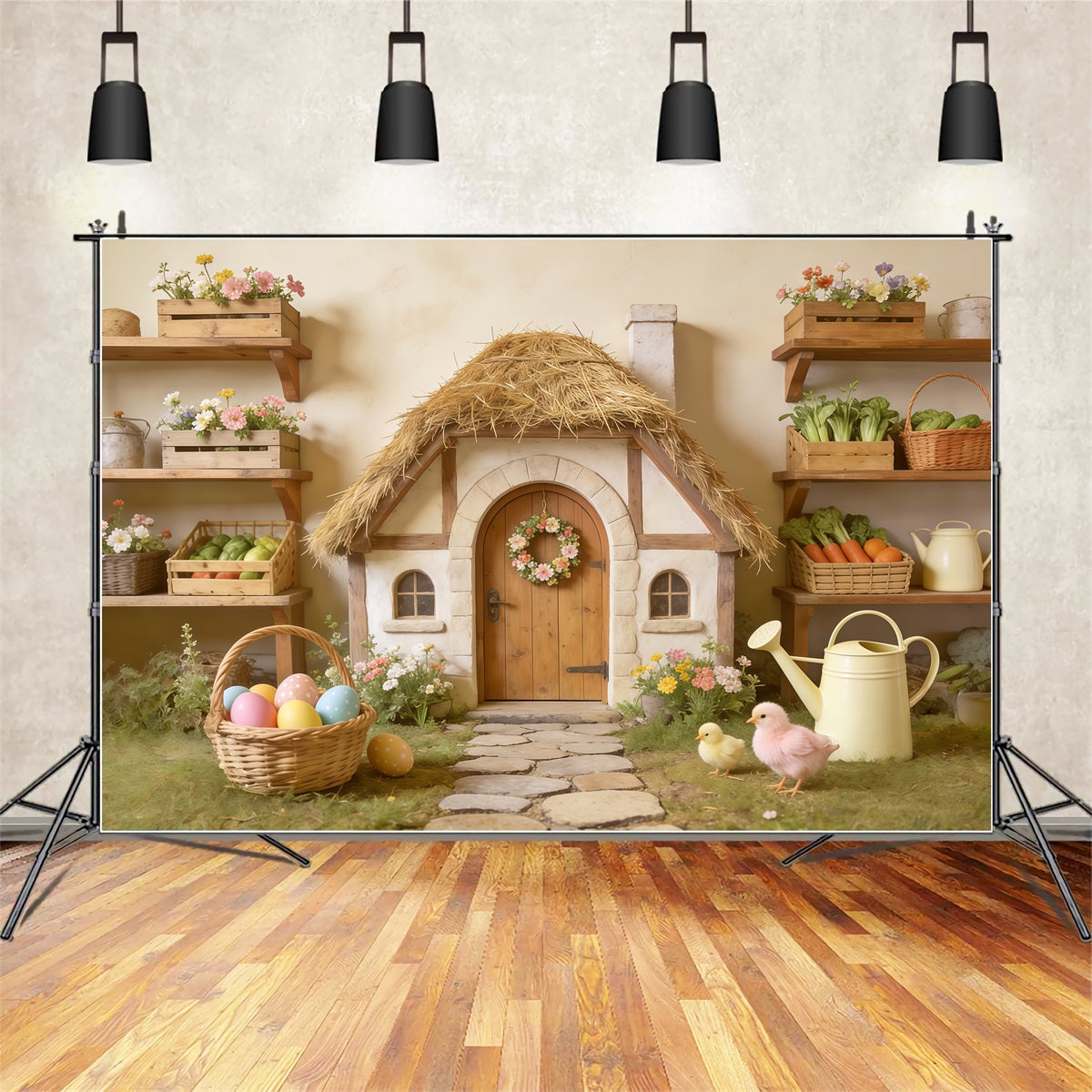 Easter Marshmallow Chick Backdrop Thatched Cottage Egg Basket Easter Backdrops Photo CSH62-87
