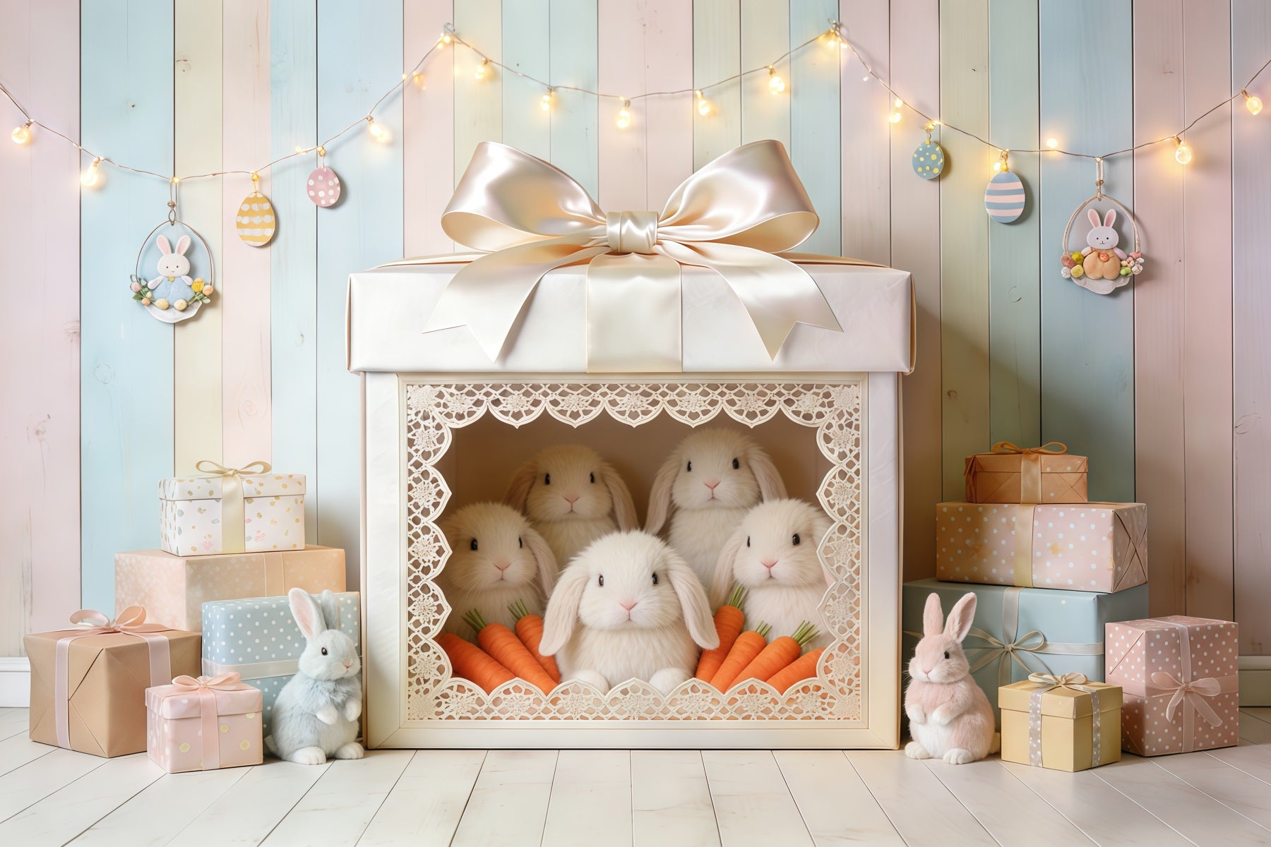 Easter Cute Backdrop Gift Box Bunny Carrots Easter Backdrop Photoshoot CSH62-90