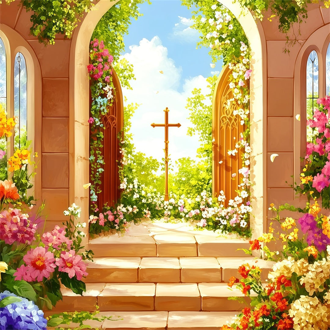 Easter Religious Backdrop Garden Doors Cross Blooms Easter Themed Backdrop CSH62-99