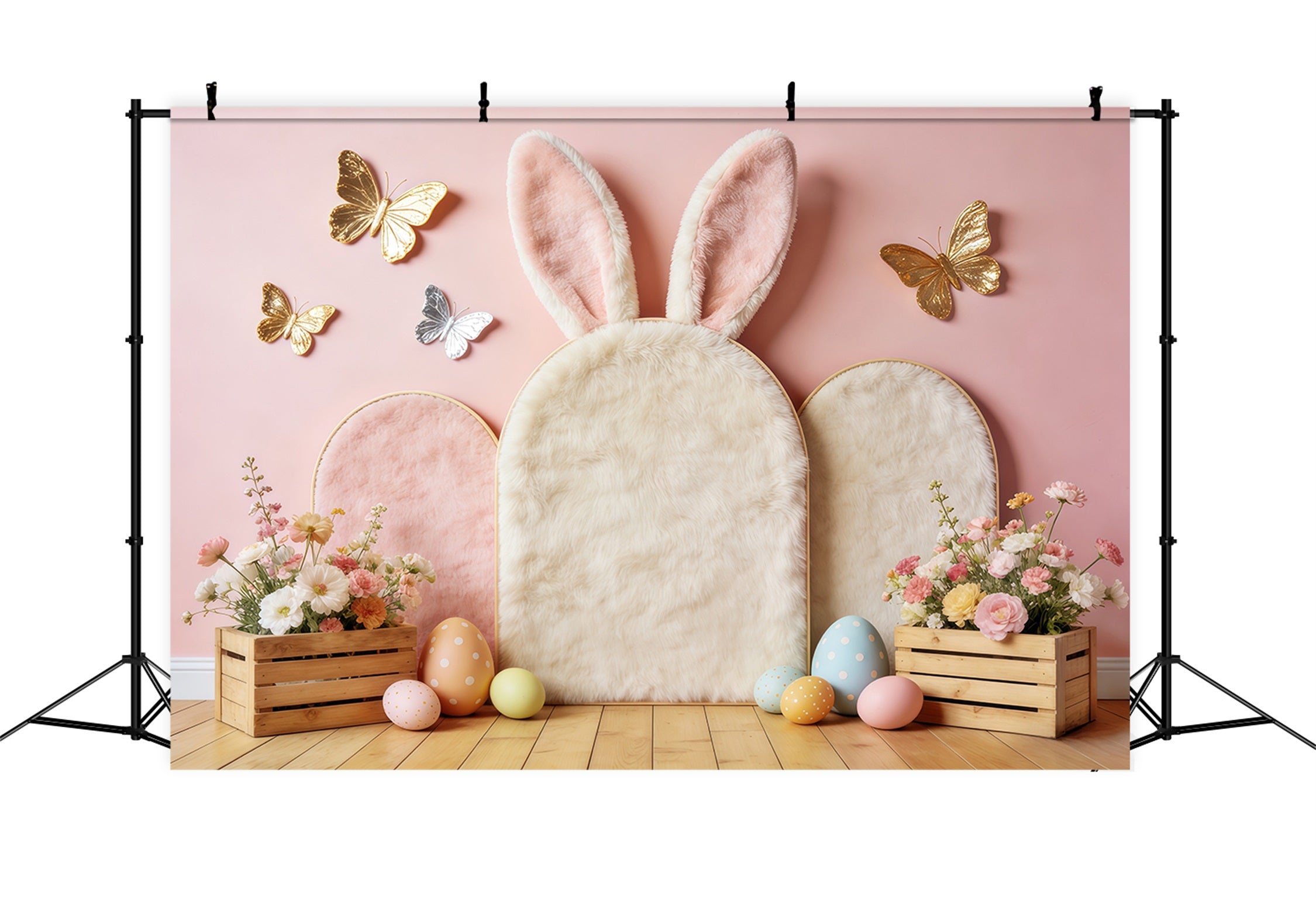 Easter Butterfly Backdrop Pastel Bunny Ears Floral Crates Easter Backdrop CSH63-1