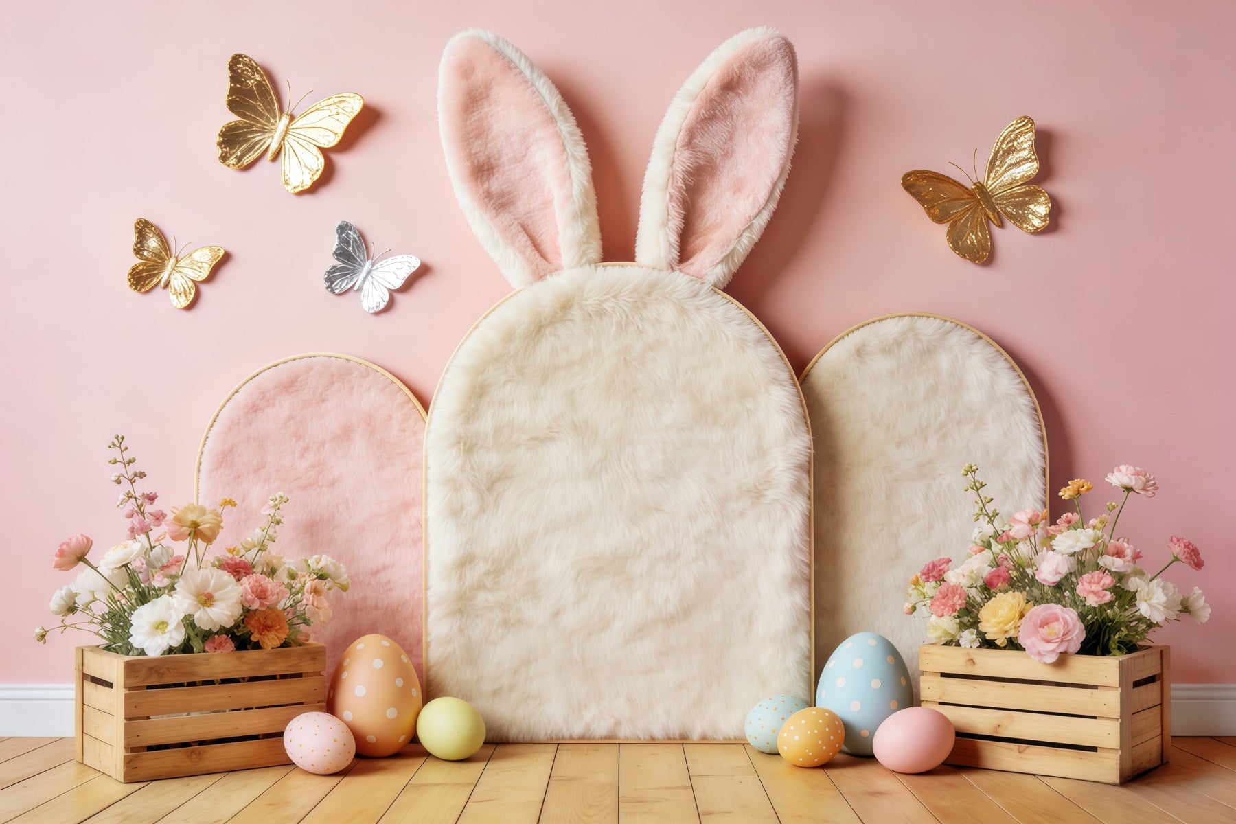 Easter Butterfly Backdrop Pastel Bunny Ears Floral Crates Easter Backd