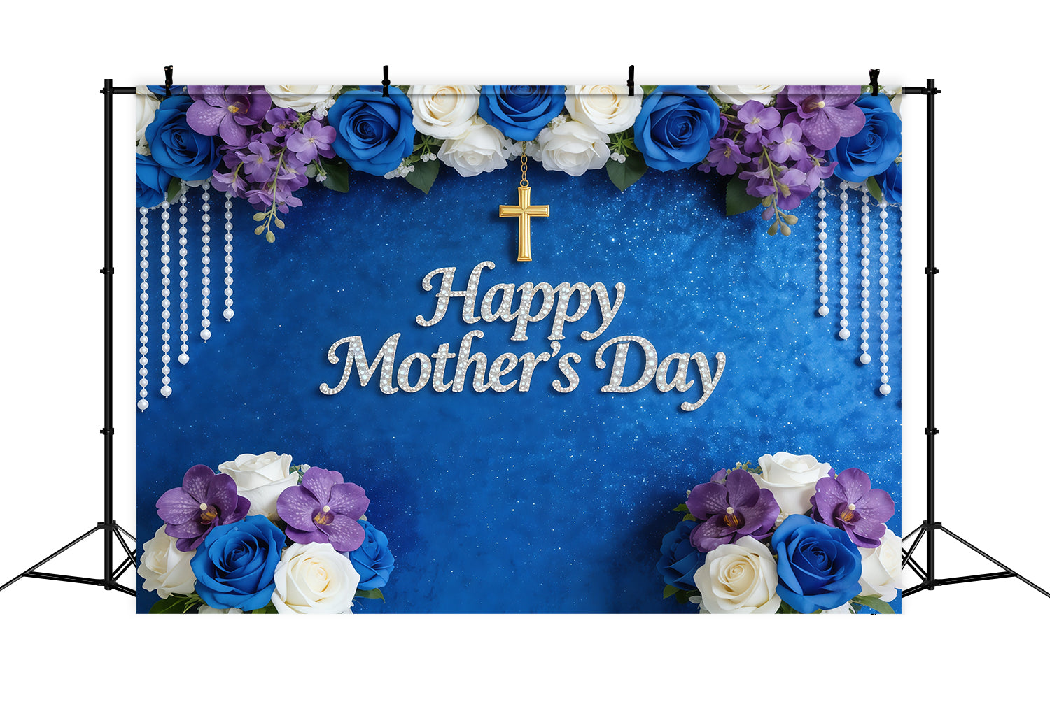Mothers Day Church Backdrop Blue Rose Orchid Pearl Cross Mother's Day Backdrop Design CSH63-100