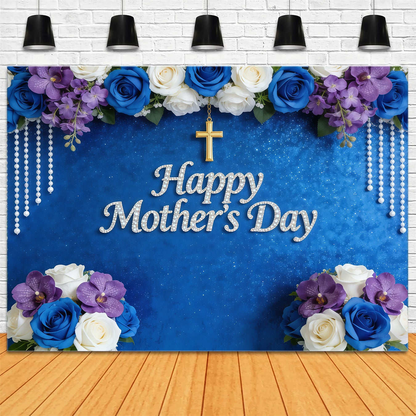 Mothers Day Church Backdrop Blue Rose Orchid Pearl Cross Mother's Day Backdrop Design CSH63-100