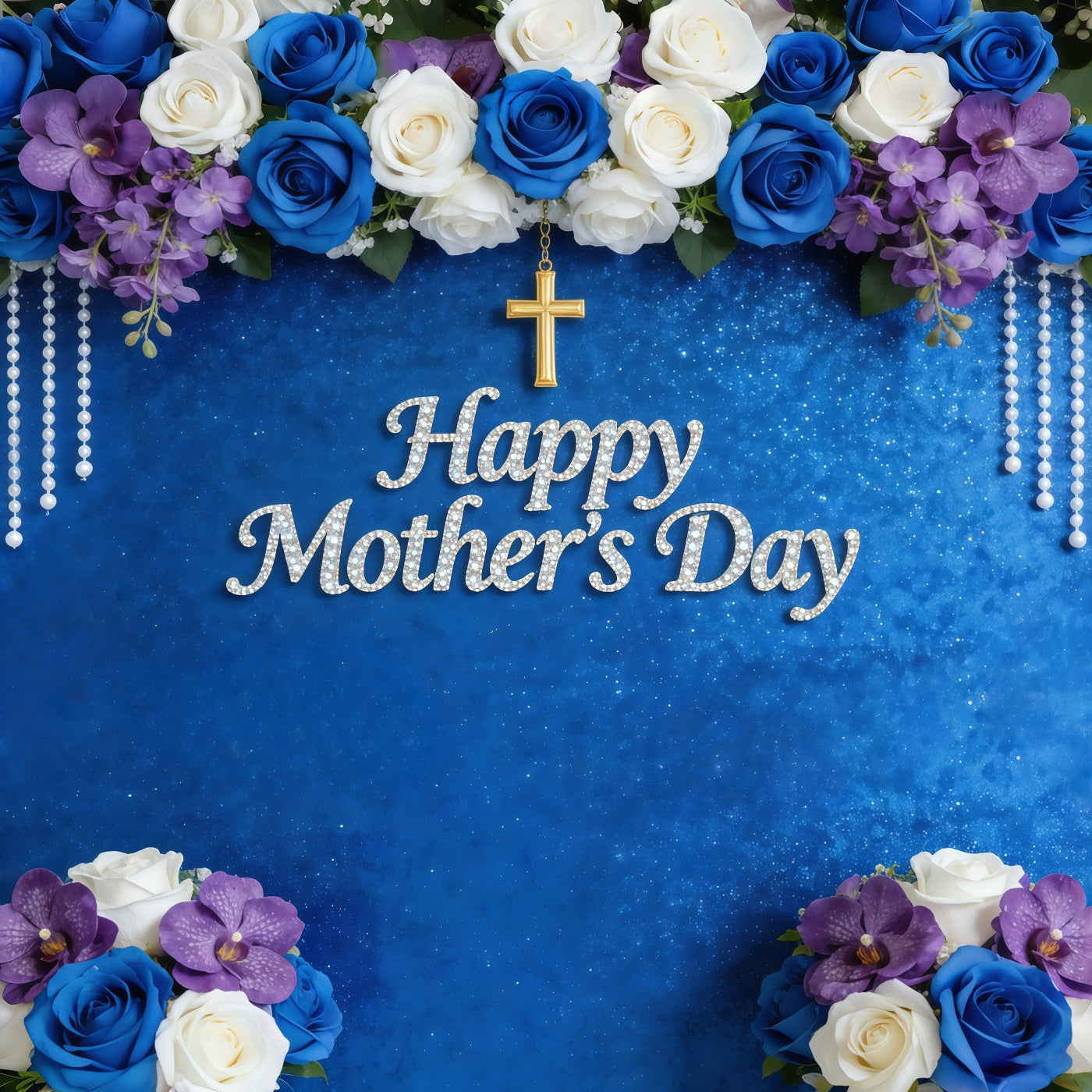 Mothers Day Church Backdrop Blue Rose Orchid Pearl Cross Mother's Day Backdrop Design CSH63-100