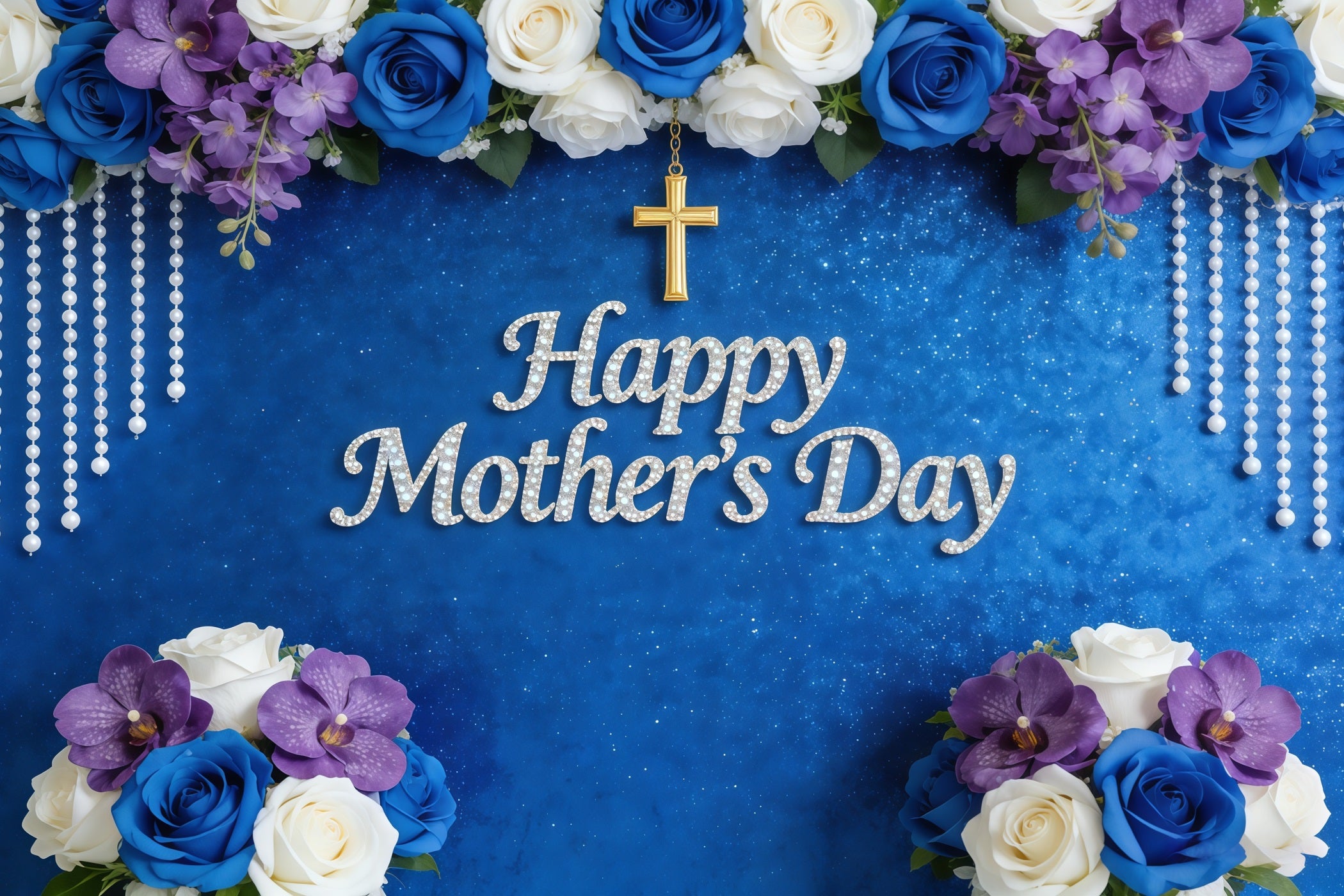 Mothers Day Church Backdrop Blue Rose Orchid Pearl Cross Mother's Day Backdrop Design CSH63-100