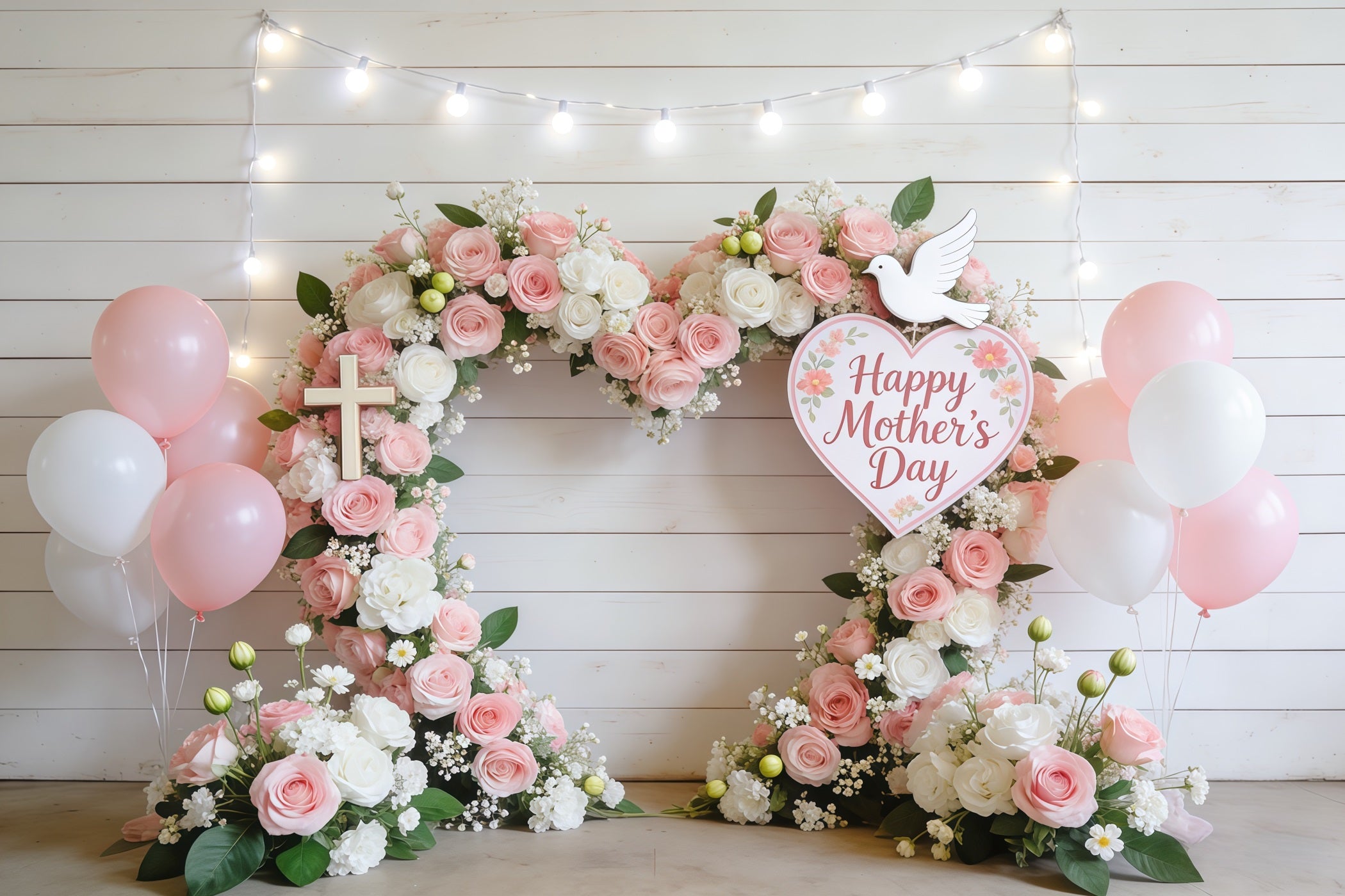 Mothers Day Church Backdrop Blush Rose Balloon Heart Arch Mother's Day Backdrop Design CSH63-101