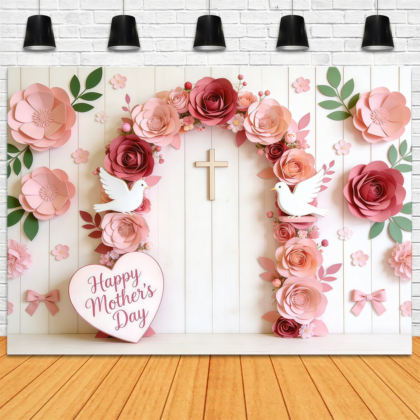 Mother's Day Church Backdrop Paper Rose Dove Cross Arch Mother's Day Photography Backdrops CSH63-102